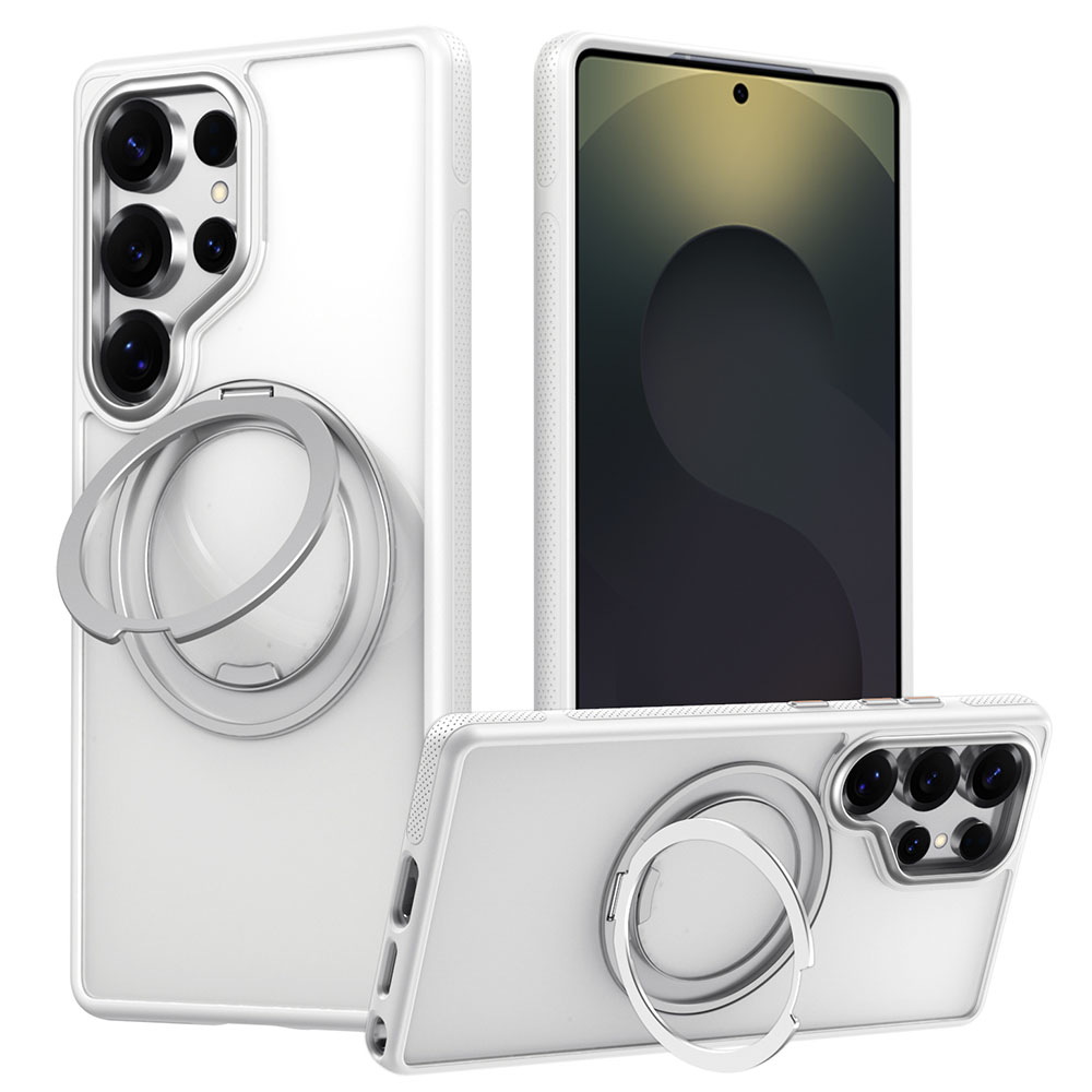 For Samsung Galaxy S25 Ultra Magnetic Case Kickstand TPU PC Phone Back Cover - White