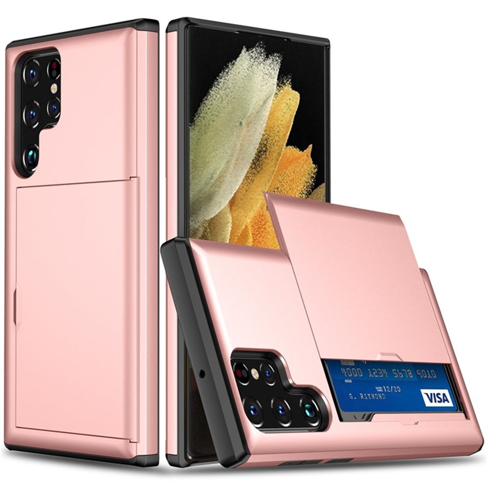 AMORUS For Samsung Galaxy S25 Ultra Case with Sliding Card Holder PC TPU Phone Back Cover - Rose Gold