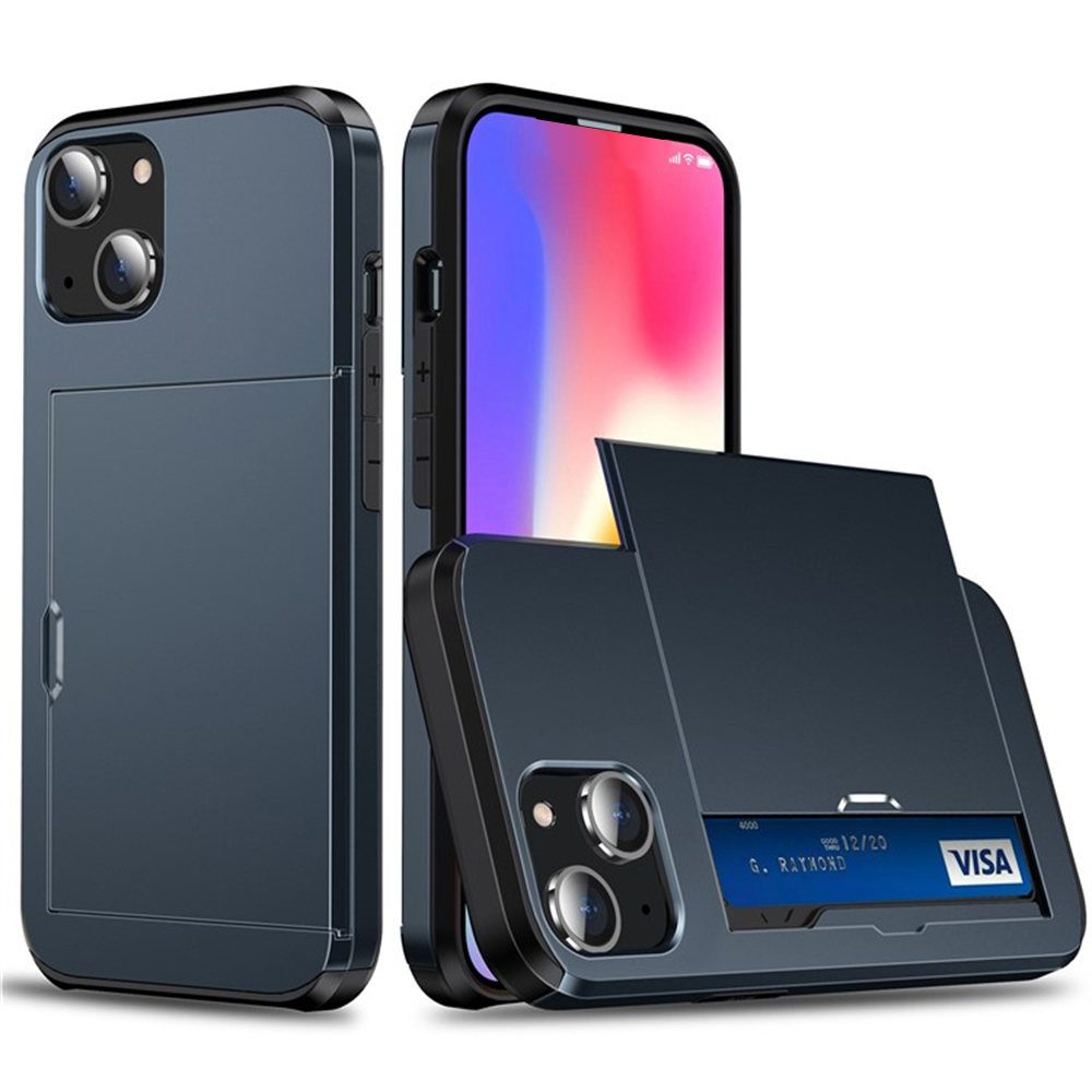 AMORUS For iPhone 13 mini Case with Sliding Card Holder PC TPU Phone Back Cover - Navy Blue
