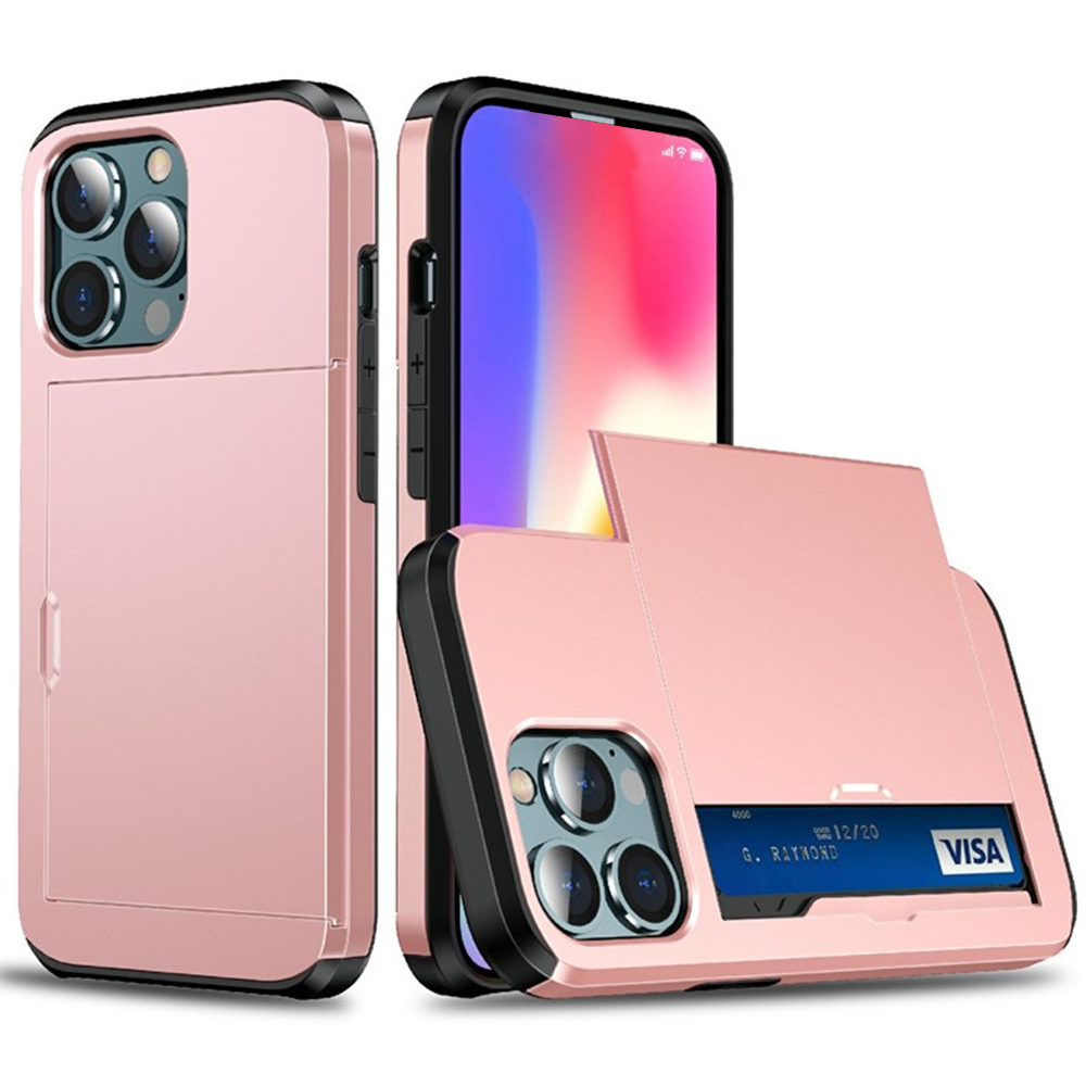 AMORUS For iPhone 15 Pro Max Case with Sliding Card Holder PC TPU Phone Back Cover - Rose Gold