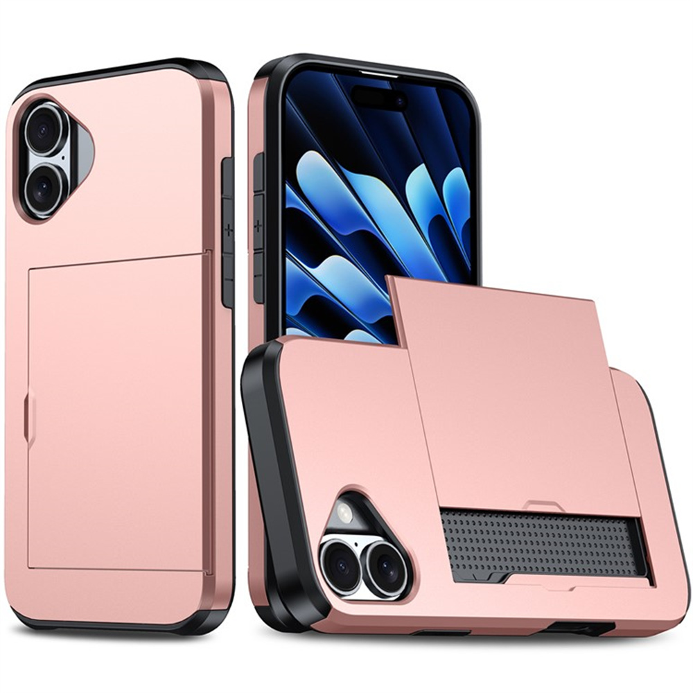 AMORUS For iPhone 16 Plus Case with Sliding Card Holder PC TPU Phone Back Cover - Rose Gold