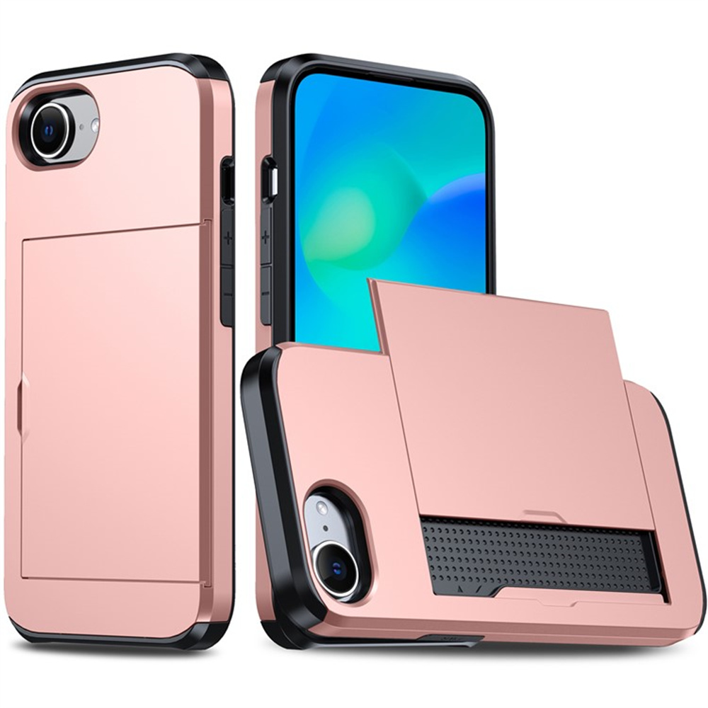 AMORUS For iPhone 17e / 16e Case with Sliding Card Holder PC TPU Phone Back Cover - Rose Gold