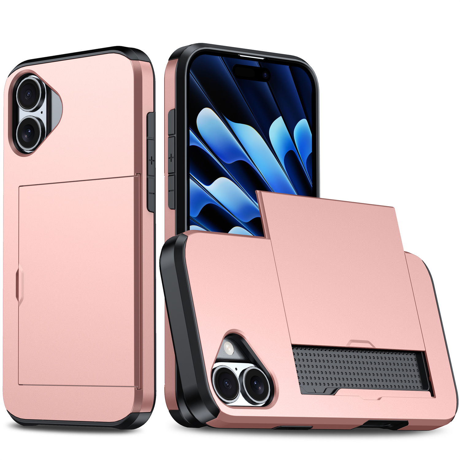 AMORUS For iPhone 17 Case with Sliding Card Holder PC TPU Phone Back Cover - Rose Gold