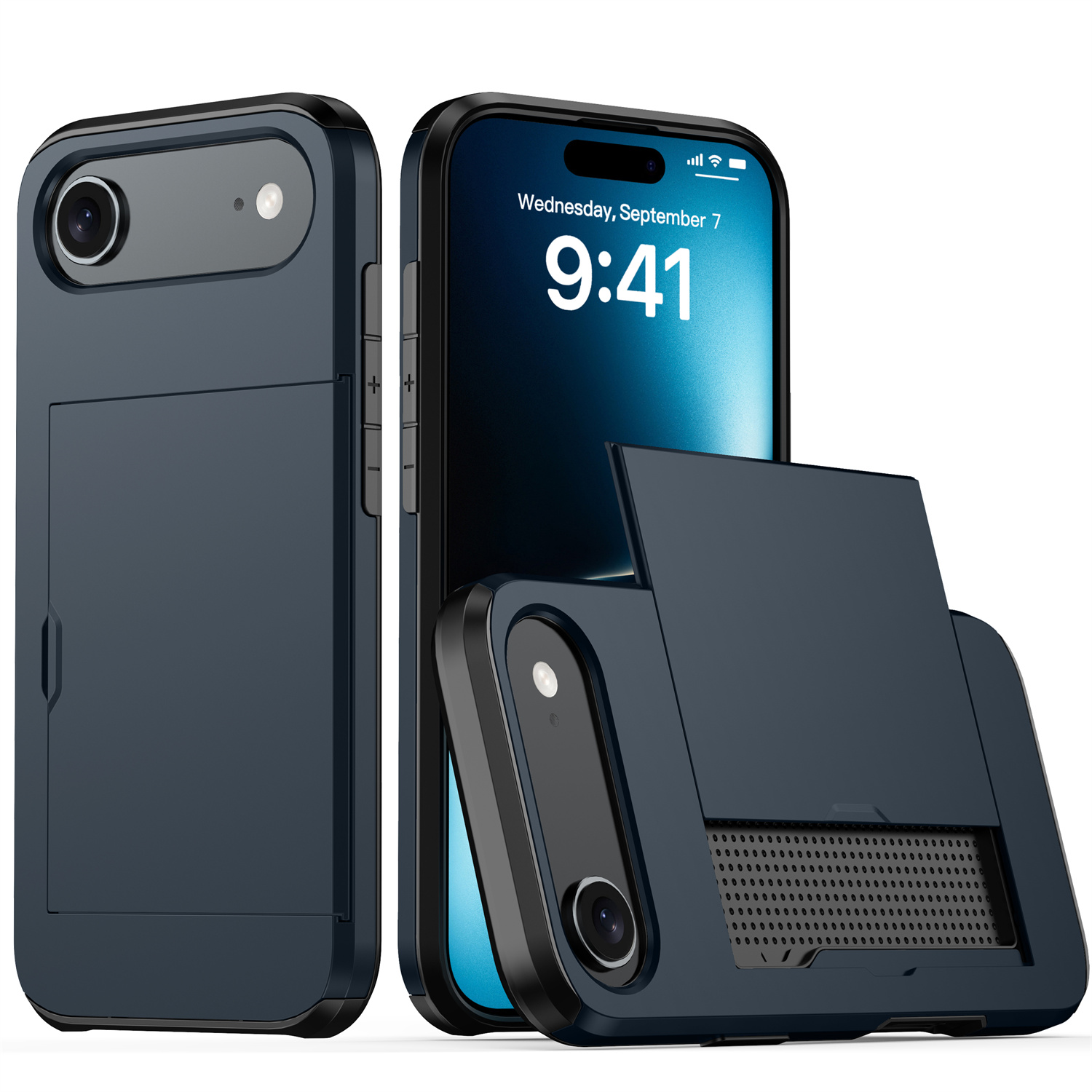 AMORUS For iPhone Air Case with Sliding Card Holder PC TPU Phone Back Cover - Navy Blue