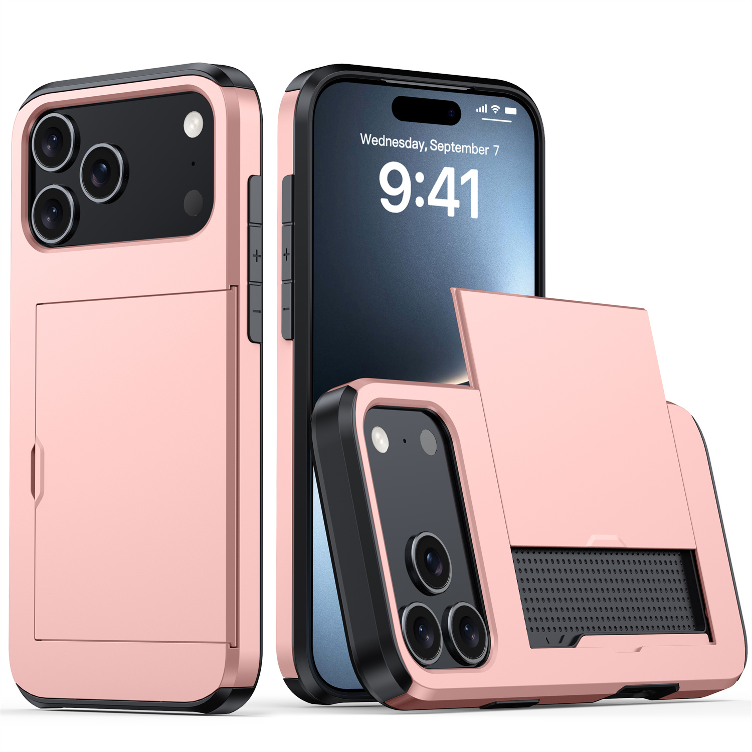 AMORUS For iPhone 17 Pro Max Case with Sliding Card Holder PC TPU Phone Back Cover - Rose Gold