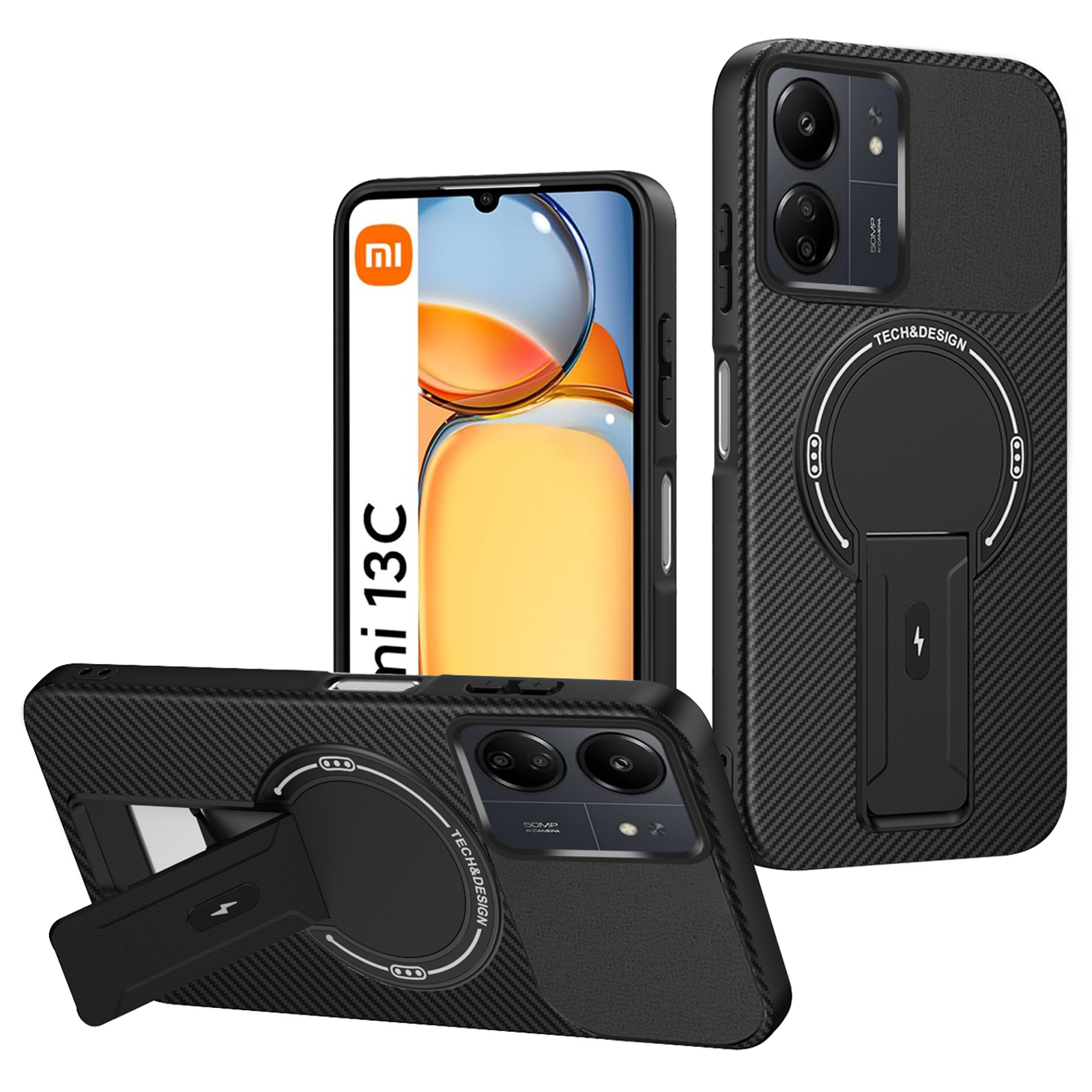 For Xiaomi Redmi 13C 4G / Poco C65 4G Case with Kickstand Carbon Fiber Texture PC + TPU Phone Cover - Black
