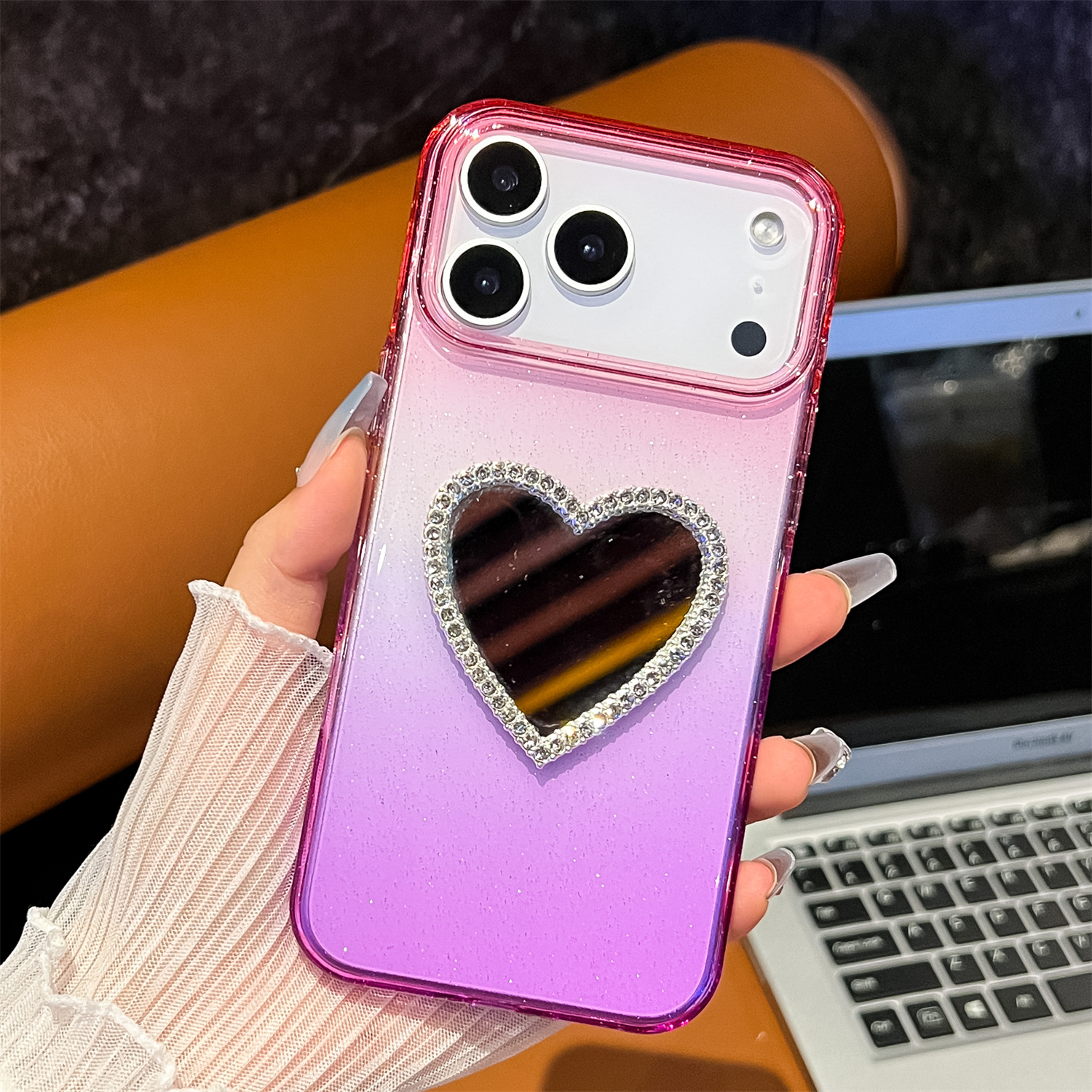 For iPhone 17 Pro Case Glitter Dual Color PC + TPU Clear Phone Cover with Heart-Shape Mirror - Pink / Purple