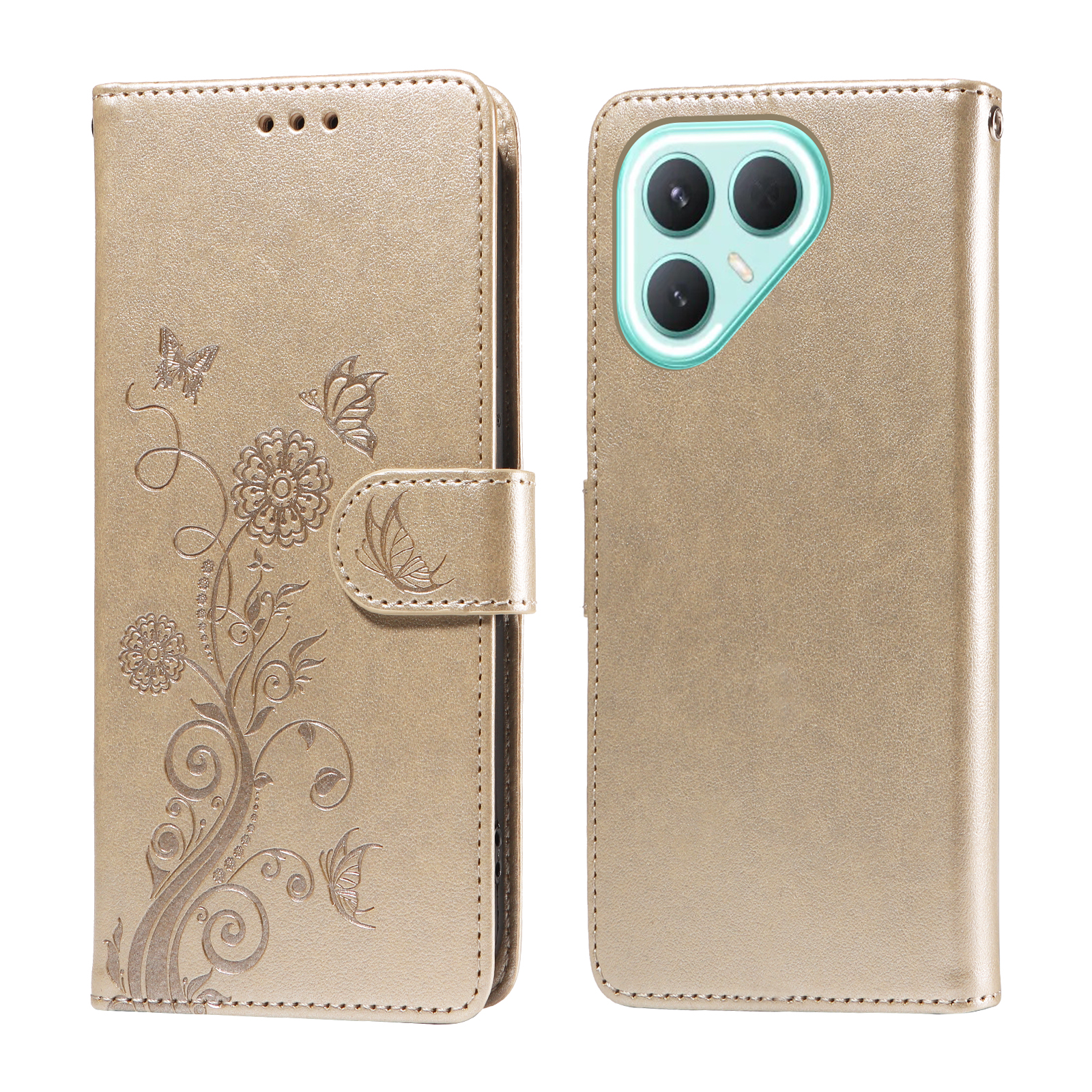 For TECNO Pova 7 Pro 5G Leather Case Butterfly Floral Imprint Wallet Stand Cover - Golden