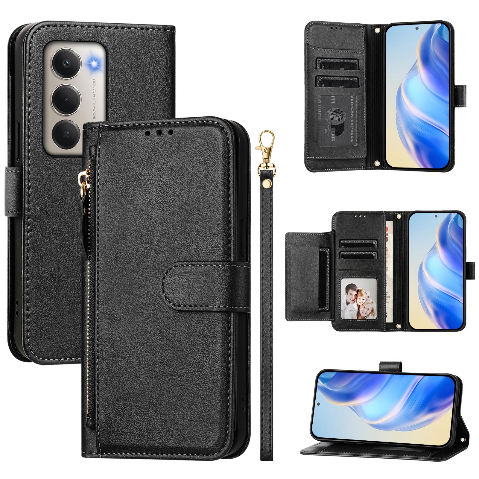 For Xiaomi Redmi 15 5G (Global) (169mm) Case Zipper Pocket Multiple Card Slots Leather Phone Cover - Black
