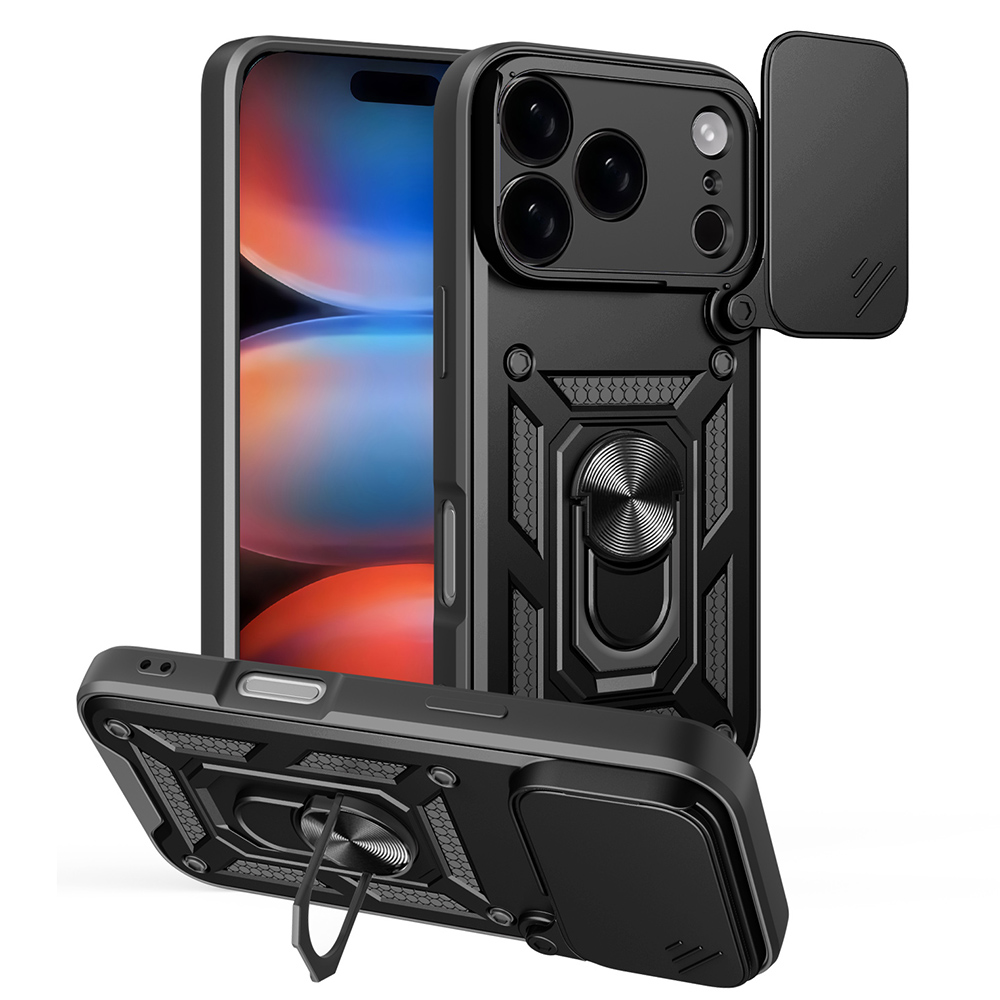 AMORUS For iPhone 17 Pro Case Kickstand PC + TPU Phone Cover with Camera Lens Slider - Black