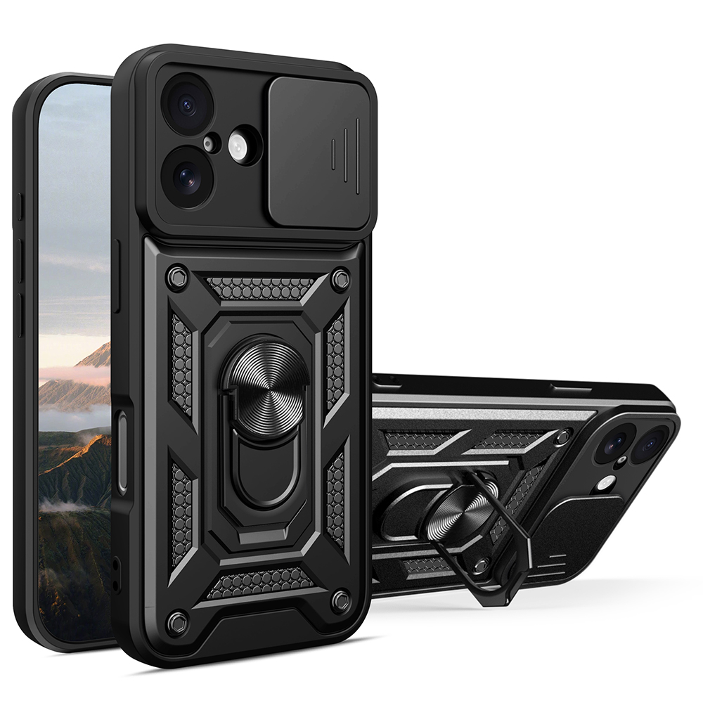 AMORUS For iPhone 17 Case Kickstand PC + TPU Phone Cover with Camera Lens Slider - Black