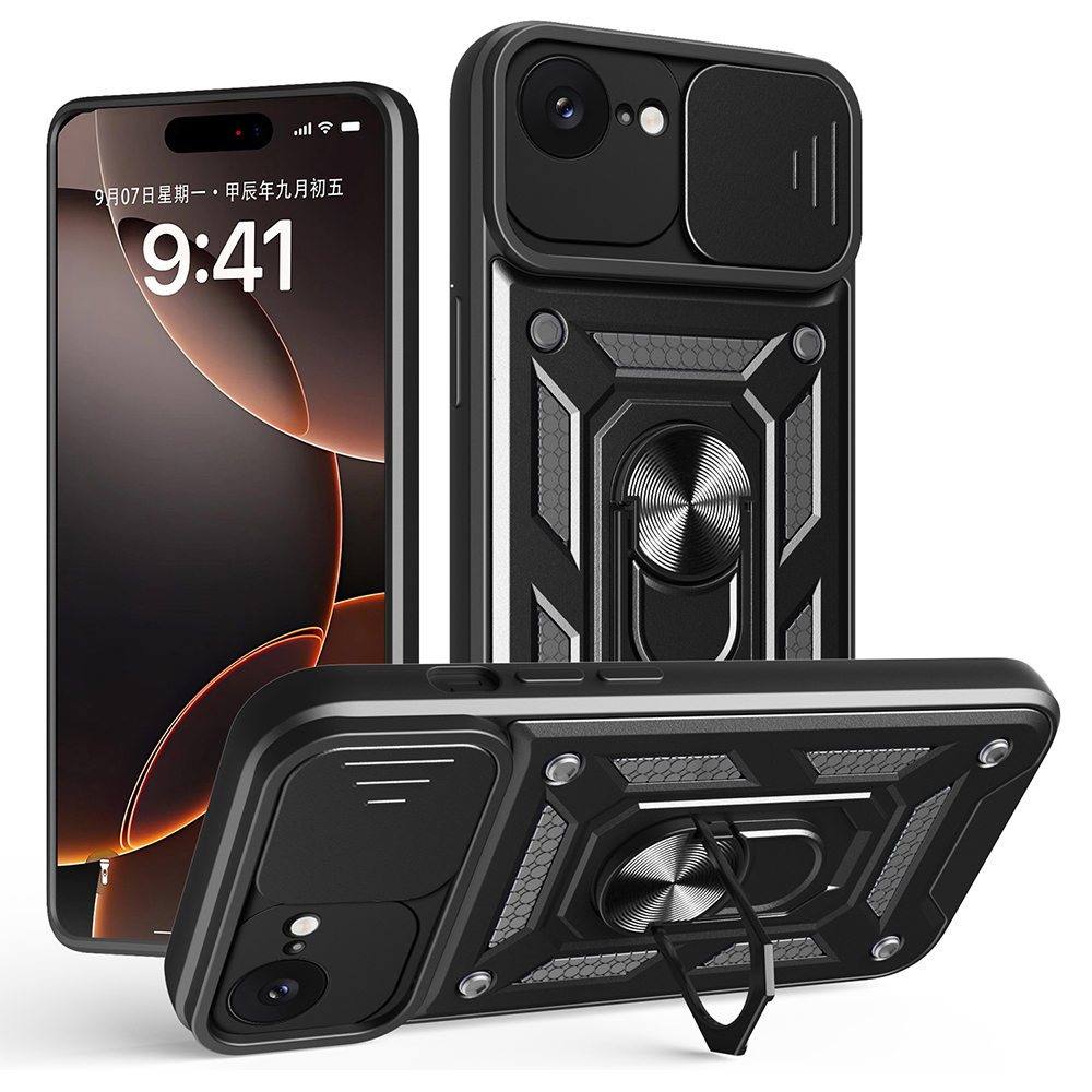AMORUS For iPhone 17e / 16e Case Kickstand PC + TPU Phone Cover with Camera Lens Slider - Black