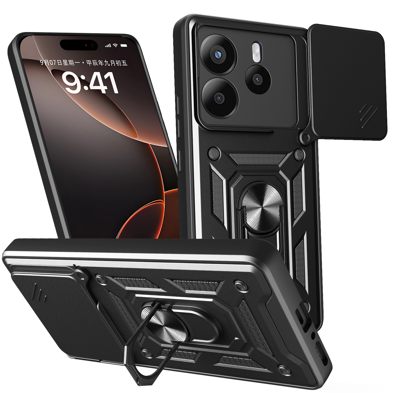 AMORUS For Xiaomi Redmi Note 14 4G (164.84mm) Case Kickstand PC + TPU Phone Cover with Camera Lens Slider - Black