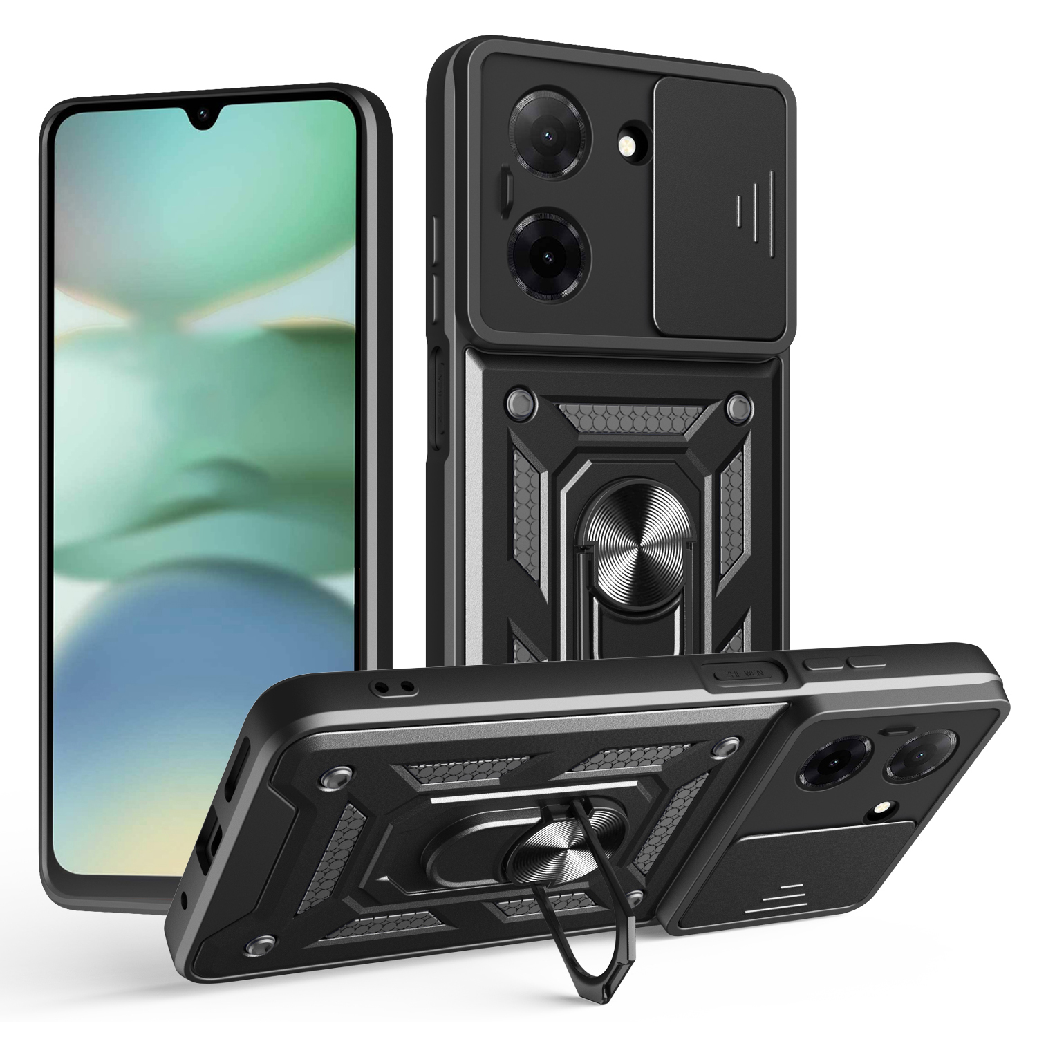 AMORUS For Xiaomi Poco C71 4G / Redmi A5 4G (171.7mm) Case Kickstand PC + TPU Phone Cover with Camera Lens Slider - Black