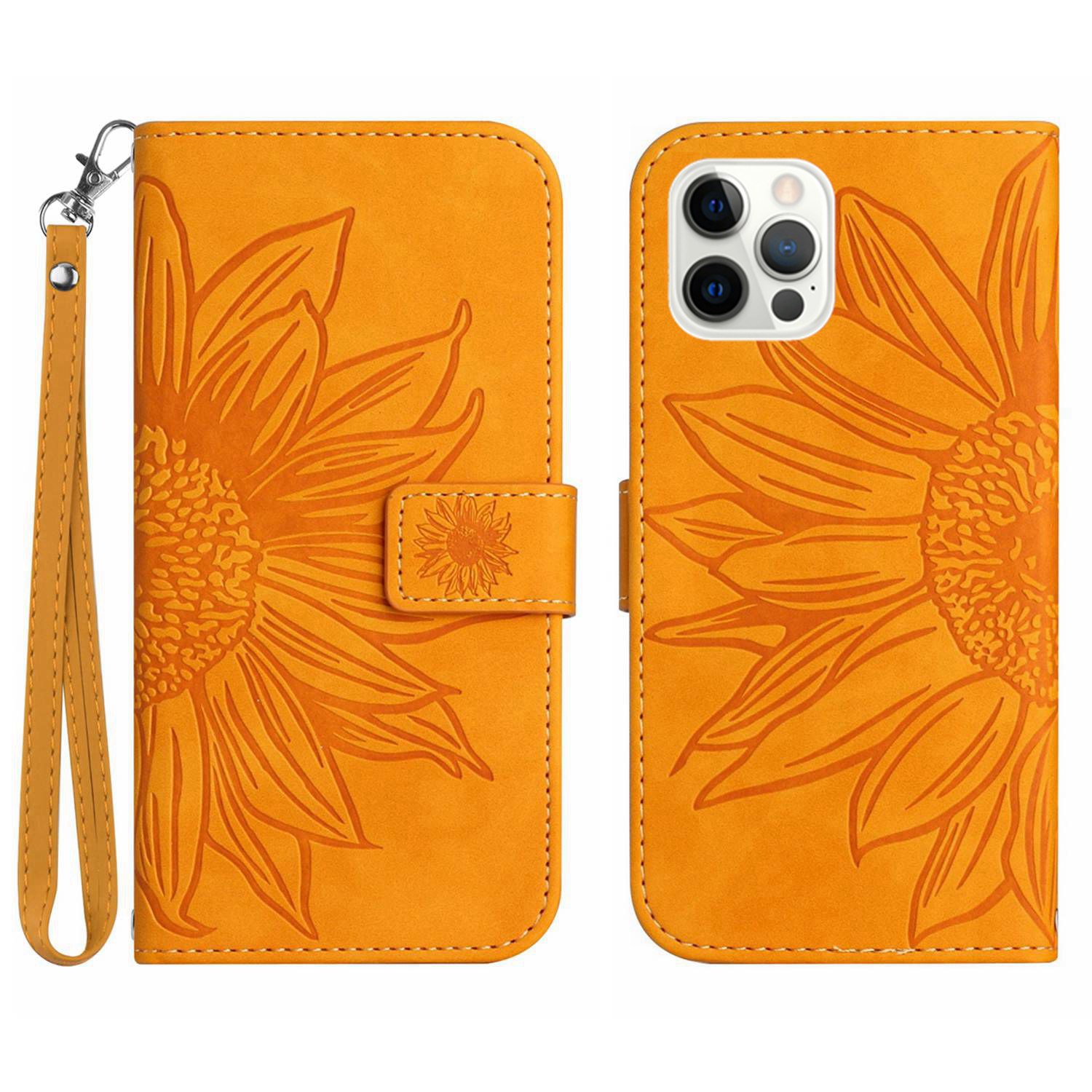 

For iPhone 12 Pro Max 6.7 inch HT04 Imprinted Sunflower Phone Drop-proof Case Skin-Touch PU Leather Stand Wallet Cover with Hand Strap - Yellow, iPhone 12 Pro Max