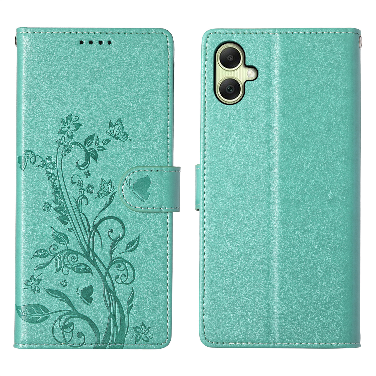 For Samsung Galaxy A07 5G / A07 4G Wallet Case Butterfly Floral Imprint PU Leather Phone Cover with Wrist Strap - Green