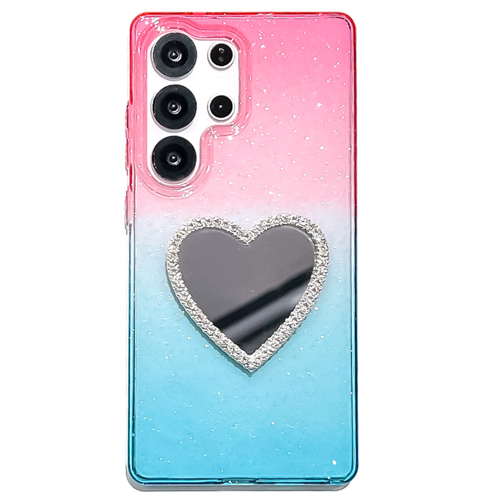 For Samsung Galaxy S25 Ultra Case Glitter Dual Color PC + TPU Clear Phone Cover with Heart-Shape Mirror - Pink / Sky Blue