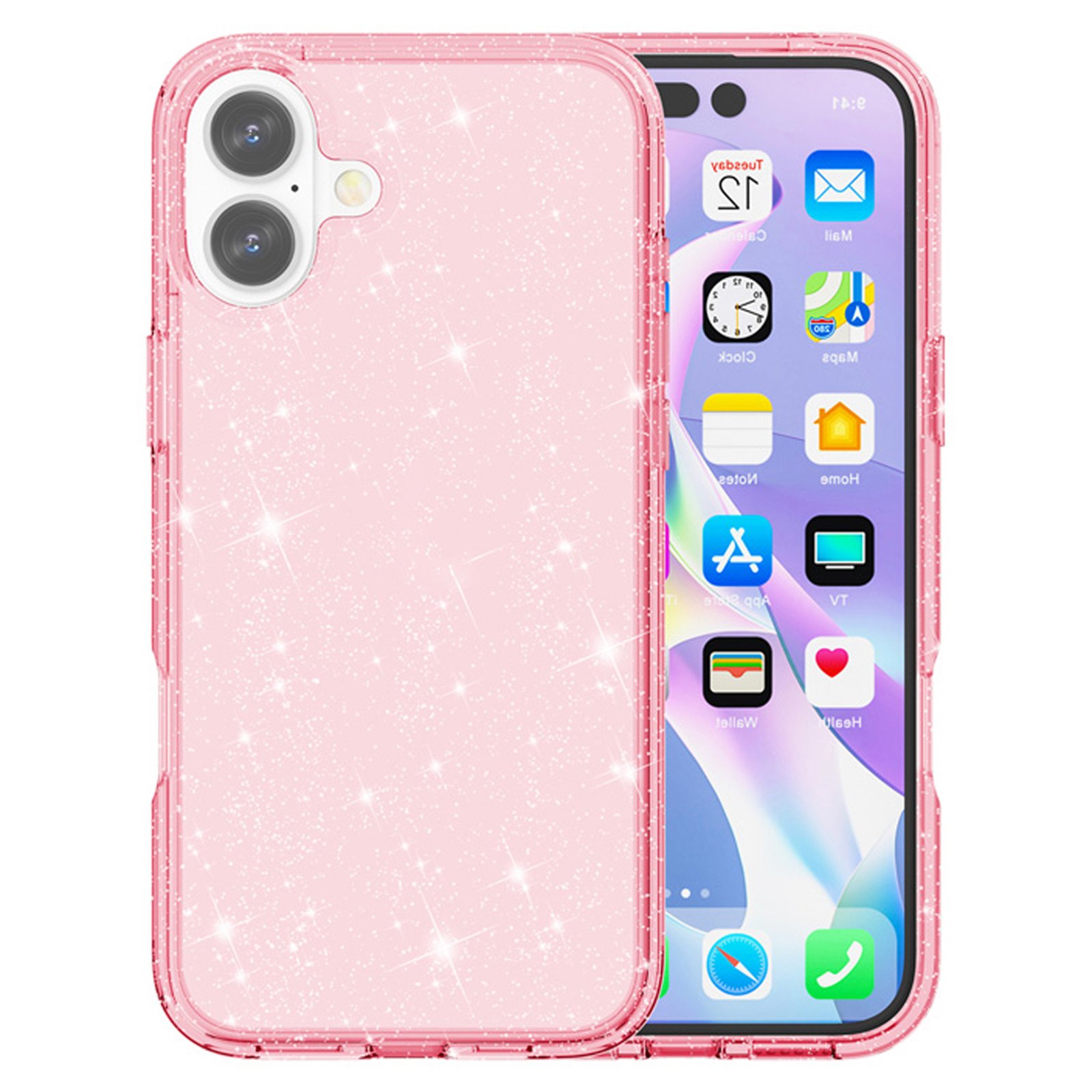 AMORUS For iPhone 16 Case Soft TPU Hard PC Back Shockproof Phone Cover - Glitter Pink