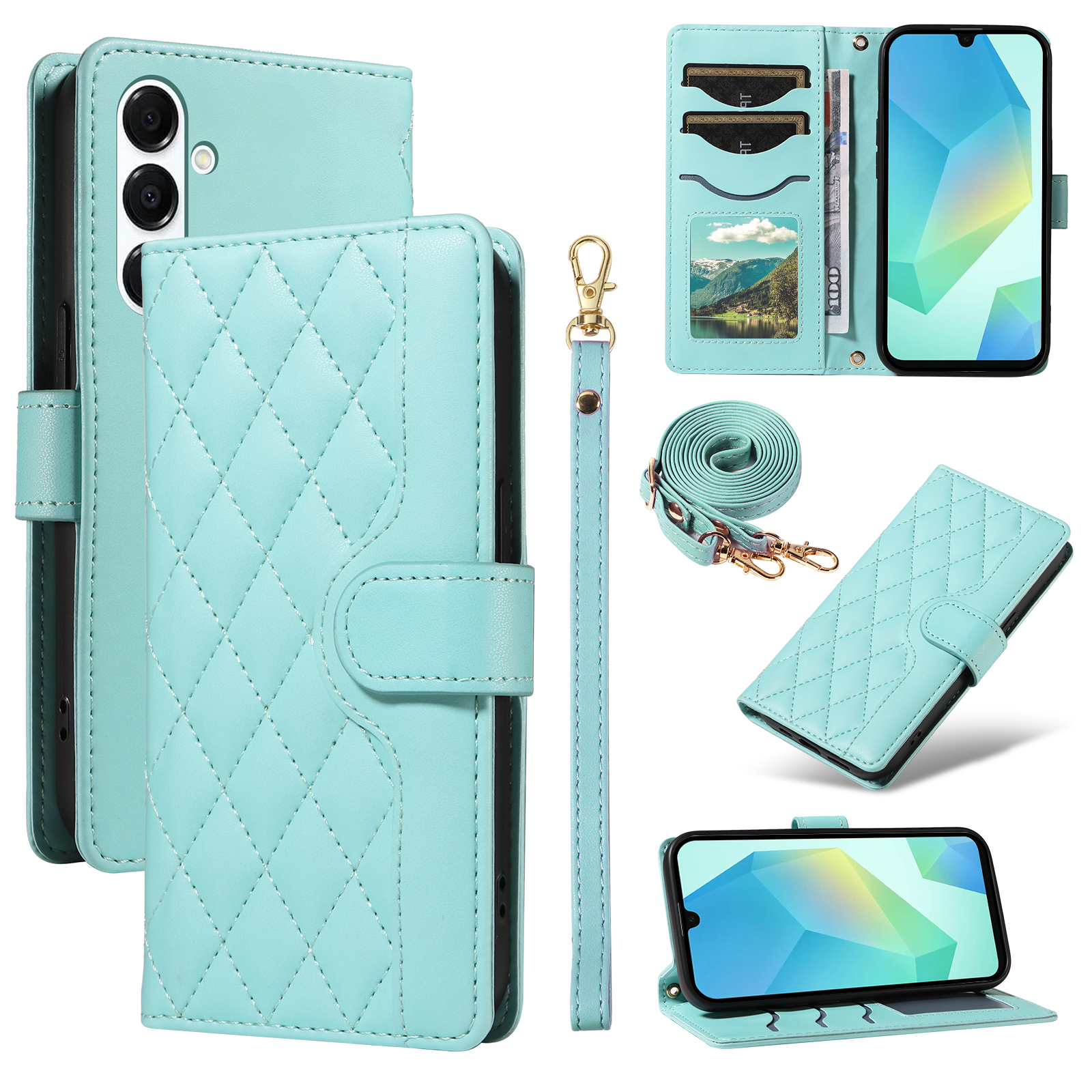 For Samsung Galaxy A16 5G / Galaxy A16 4G / Galaxy A17 5G / Galaxy A26 5G Wallet Case Rhombus Leather Phone Cover with Strap - Green