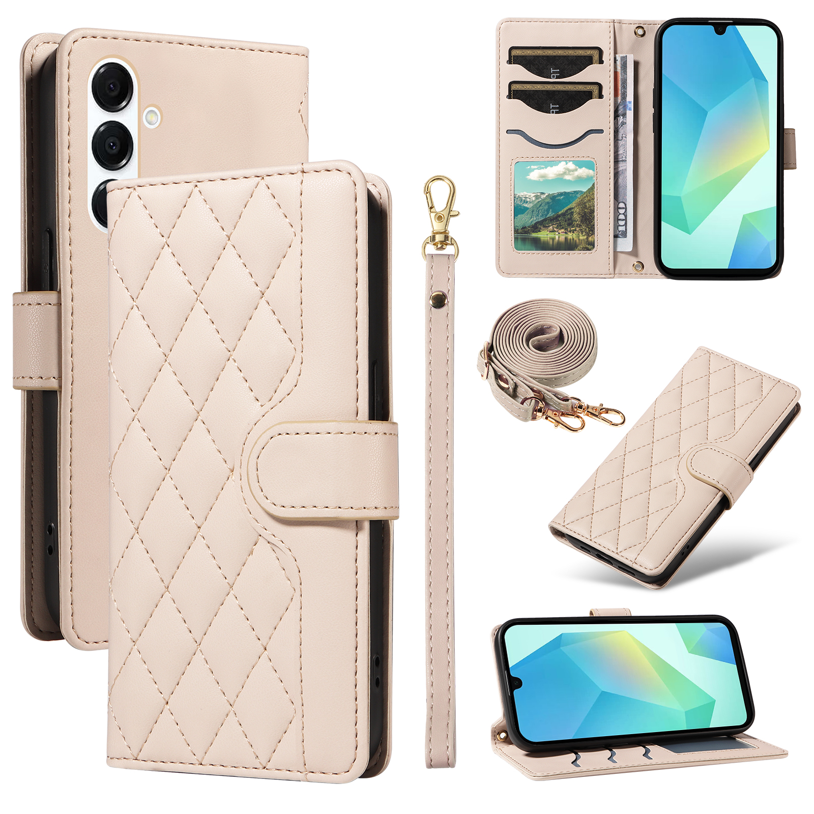 For Samsung Galaxy A16 5G / Galaxy A16 4G / Galaxy A17 5G / Galaxy A26 5G Wallet Case Rhombus Leather Phone Cover with Strap - Apricot