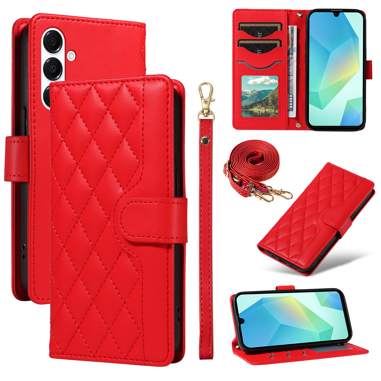 For Samsung Galaxy A16 5G / Galaxy A16 4G / Galaxy A17 5G / Galaxy A26 5G Wallet Case Rhombus Leather Phone Cover with Strap -  Red