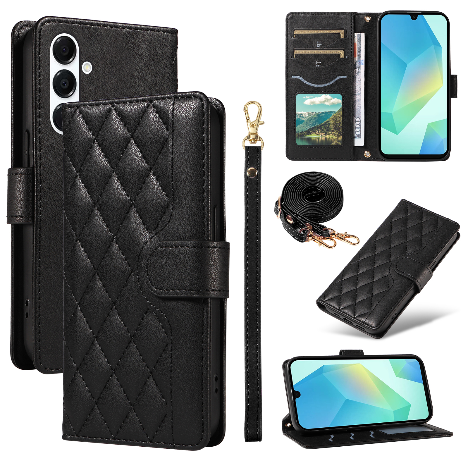 For Samsung Galaxy A16 5G / Galaxy A16 4G / Galaxy A17 5G / Galaxy A26 5G Wallet Case Rhombus Leather Phone Cover with Strap - Black