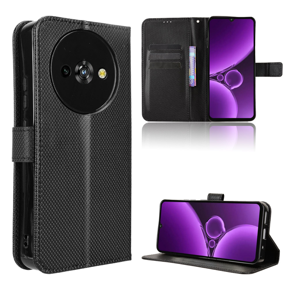 For Oukitel C59 Pro Leather Wallet Case with Strap Diamond Texture Phone Cover - Black