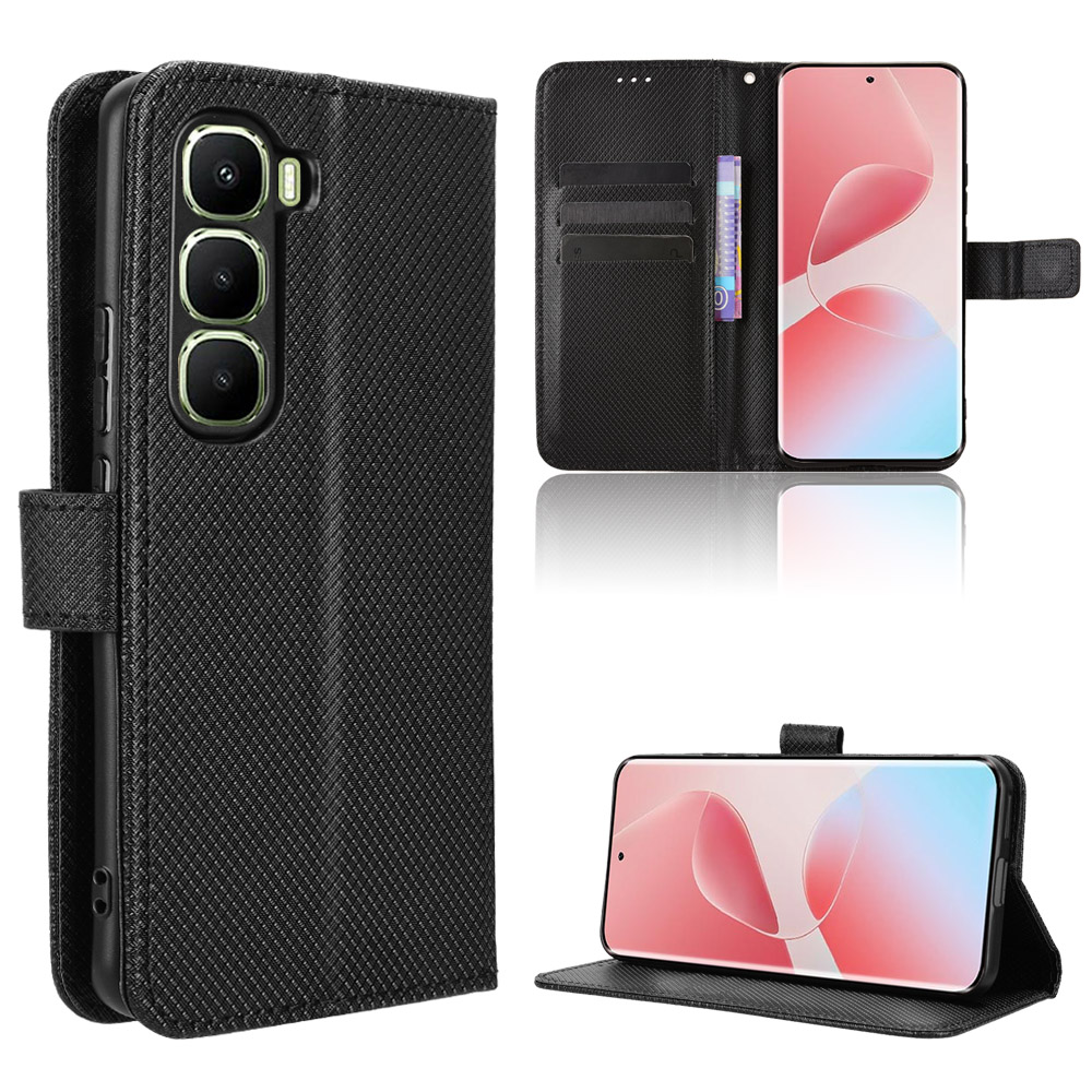For Infinix Hot 60 Pro 4G Leather Wallet Case with Strap Diamond Texture Phone Cover - Black
