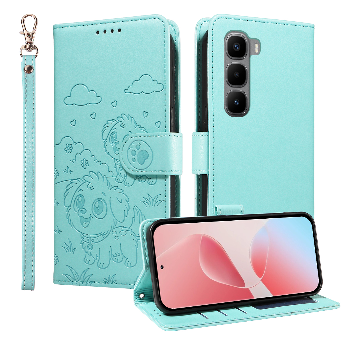 For Infinix Hot 60 Pro+ 4G Case RFID Blocking Imprinted Dog Pattern PU Leather Phone Cover with Wrist Strap - Green