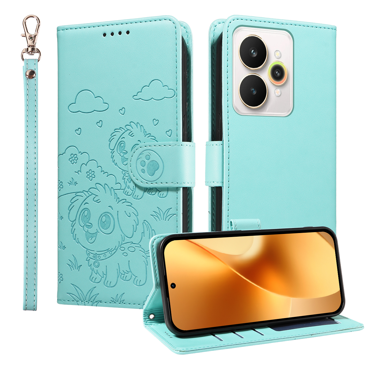 For Realme 15 Pro 5G / Realme 15 5G Case RFID Blocking Imprinted Dog Pattern PU Leather Phone Cover with Wrist Strap - Green