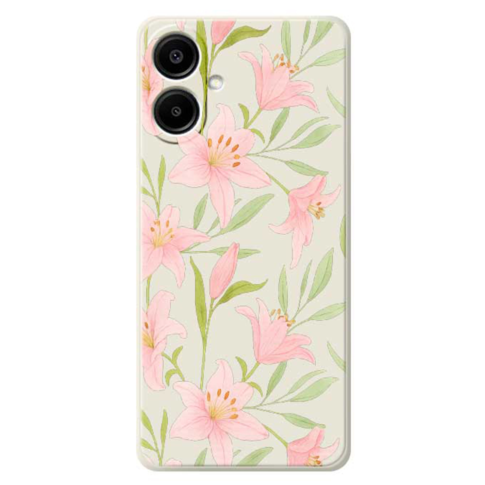 For Samsung Galaxy A07 5G / A07 4G Case Pink Lilies Pattern Printing Straight Edge TPU Phone Back Cover - Beige