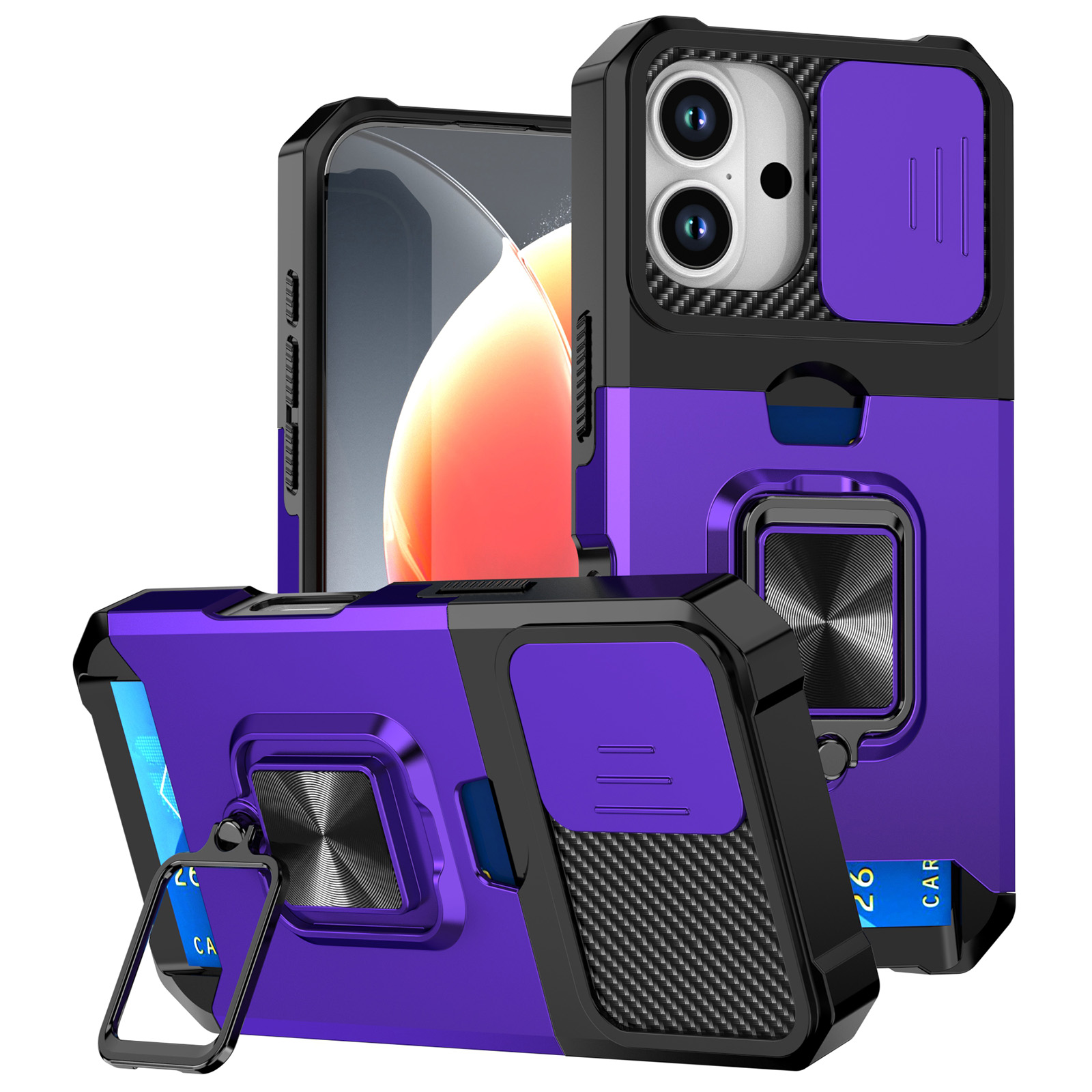 For iPhone 17 Case Kickstand Slide Lens Lid PC + TPU Phone Cover with Card Slot - Purple