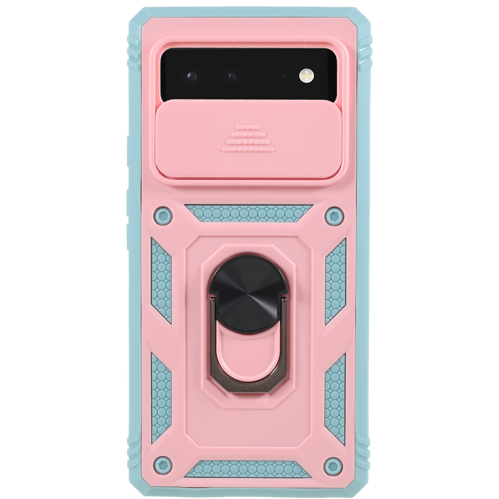 

Für Google Pixel 6 PC+TPU Kickstand Anti-drop-rückdeckabdeckung Schieberie-objektiv-protektor-telefonhülle Mit Innerer Kartenhalterfunktion - Rosa / Grün, Google Pixel 6