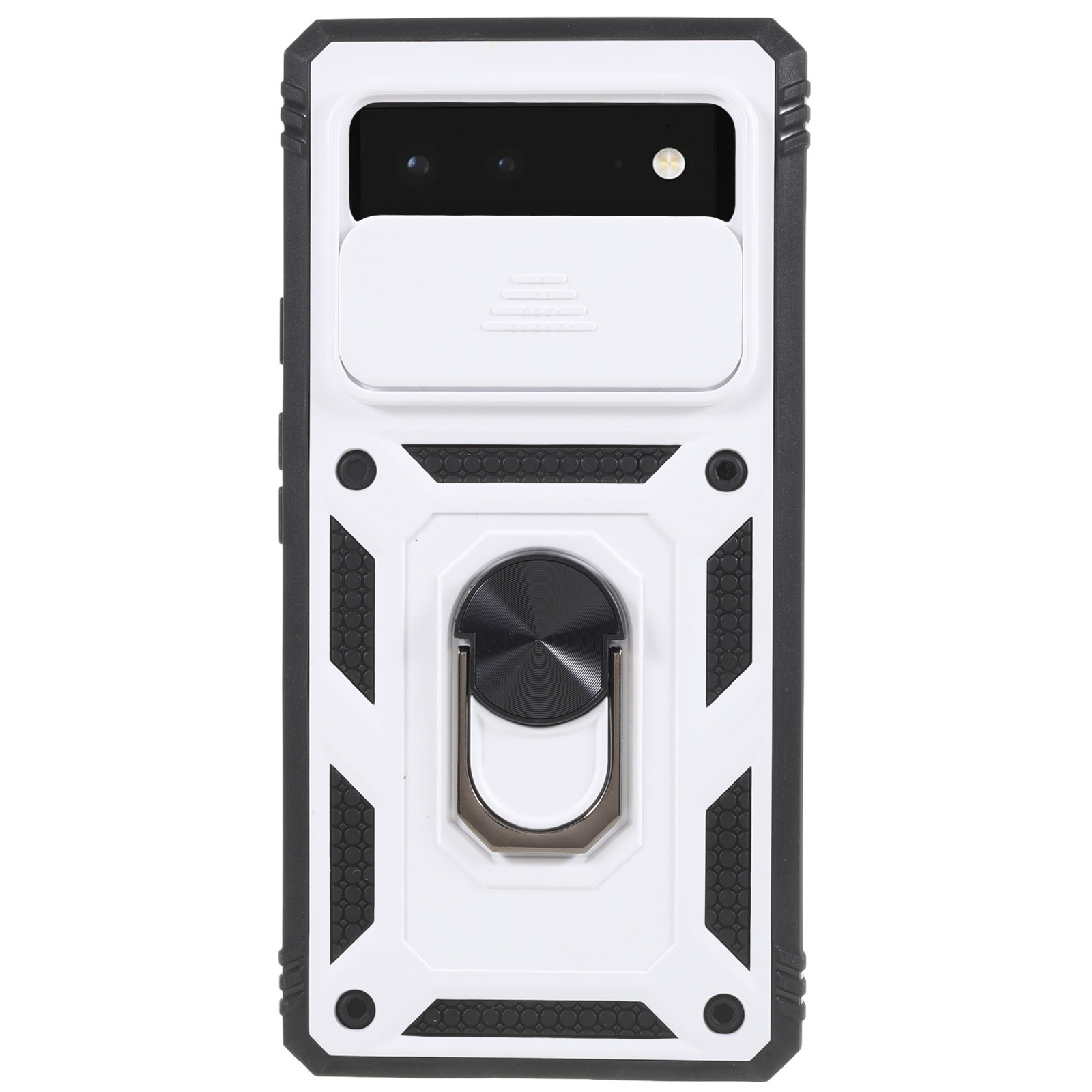 

Für Google Pixel 6 PC+TPU Kickstand Anti-drop-rückdeckabdeckung Schieberie-objektiv-protektor-telefonhülle Mit Innerer Kartenhalterfunktion - Schwarz / Weiß, Google Pixel 6