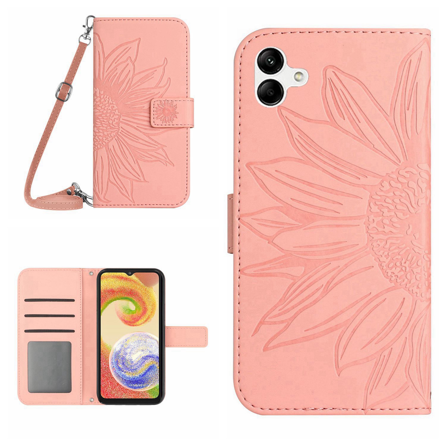 

PU Leather Stand Phone Case For Samsung Galaxy A04 4G (164.4 x 76.3 x 9.1 mm) HT04 Skin-touch Imprinted Sunflower Phone Wallet Cover with Shoulder Strap - Light Pink, Galaxy A04 4G (164.4 x 76.3 x 9.1 mm)