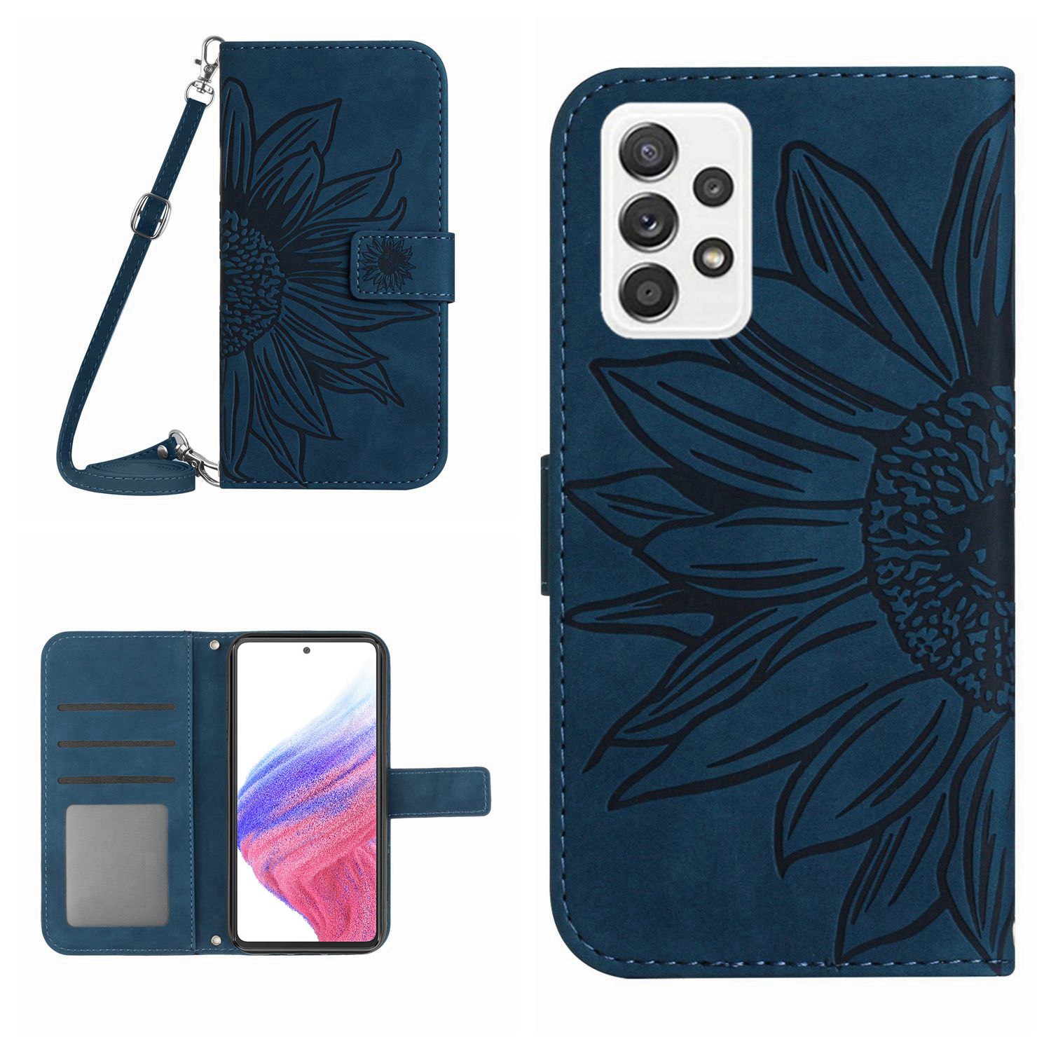 

For Samsung Galaxy A53 5G HT04 Sunflower Imprinted PU Leather Skin-touch Anti-scratch Phone Wallet Cover Protective Phone Case Stand with Shoulder Strap - Dark Blue, Samsung Galaxy A53 5G