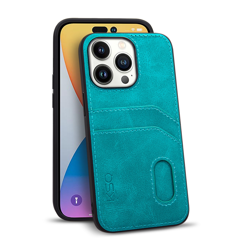

KSQ Style-C For iPhone 14 Pro Max Protective Case PU Leather Coated TPU Back Cover with 2 Card Slots - Green, iPhone 14 Pro Max