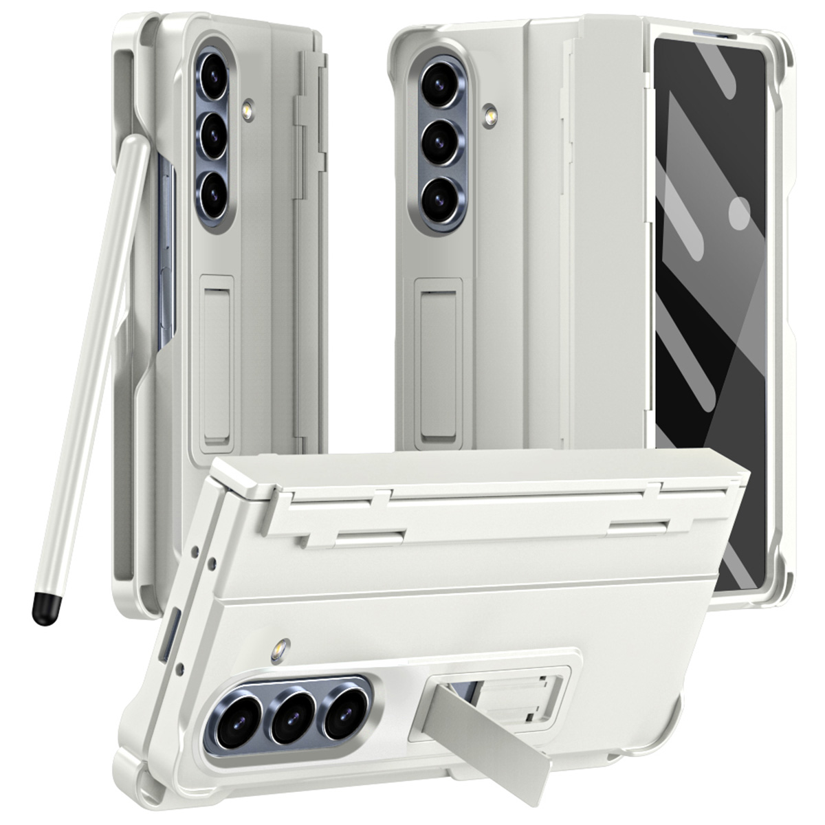 For Samsung Galaxy Z Fold7 5G Case Kickstand Hard PC Phone Cover with Stylus / Screen Protector - White