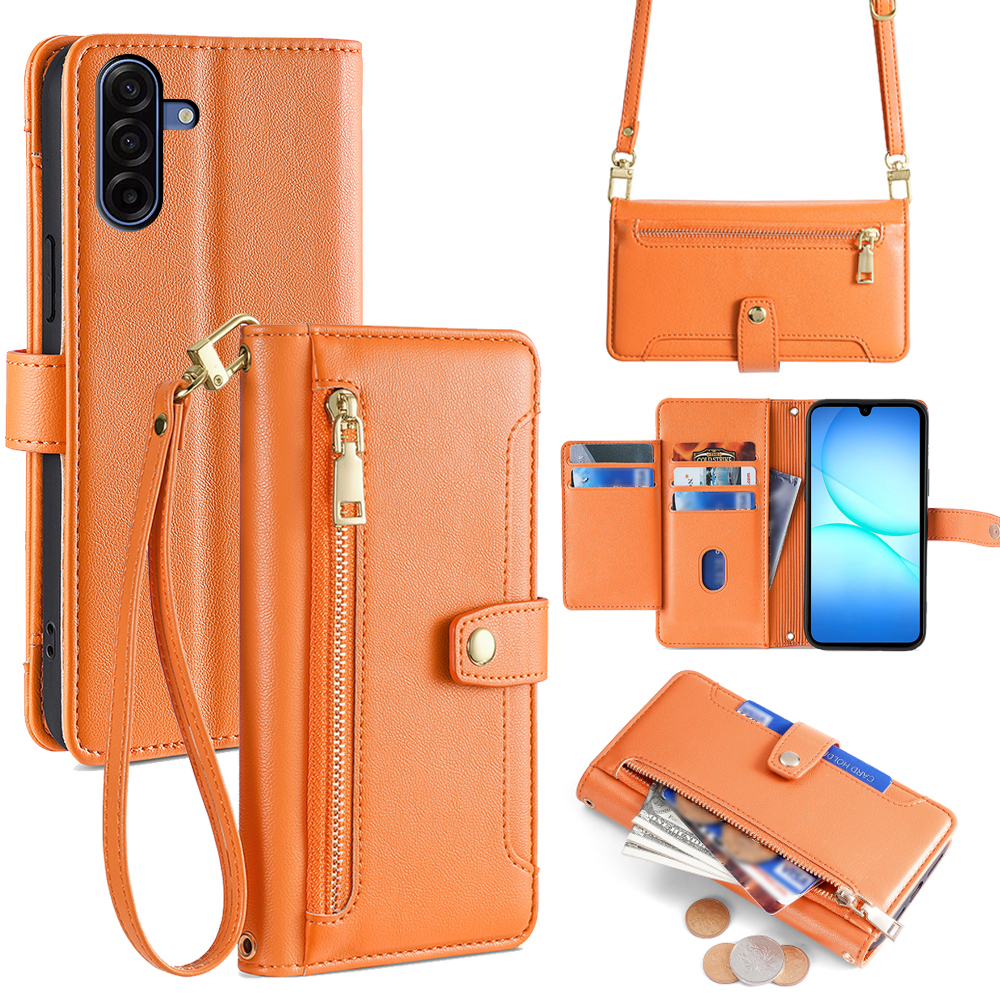 For Samsung Galaxy A17 5G / A17 4G Leather Case Zipper Pocket Wallet Phone Cover with 2 Straps - Orange