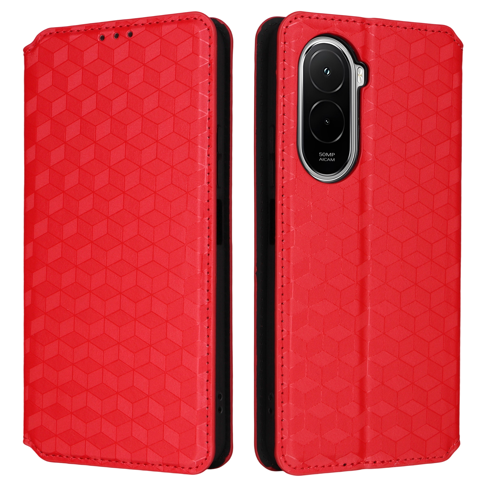 For Xiaomi Poco M7 Plus 5G / Poco M7 4G (169mm) Case Wallet Rhombus Imprinted Leather Phone Cover - Red