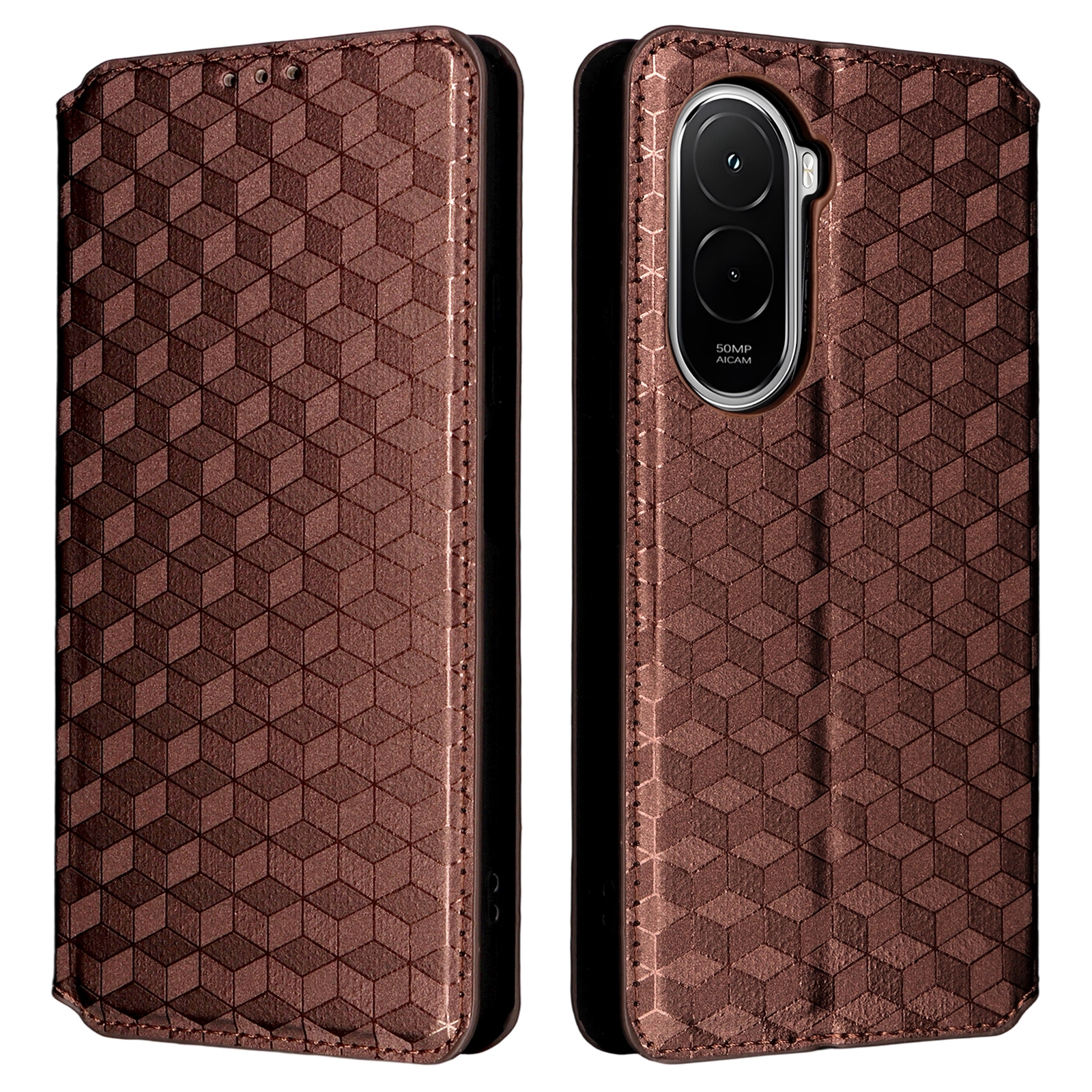 For Xiaomi Poco M7 Plus 5G / Poco M7 4G (169mm) Case Wallet Rhombus Imprinted Leather Phone Cover - Brown