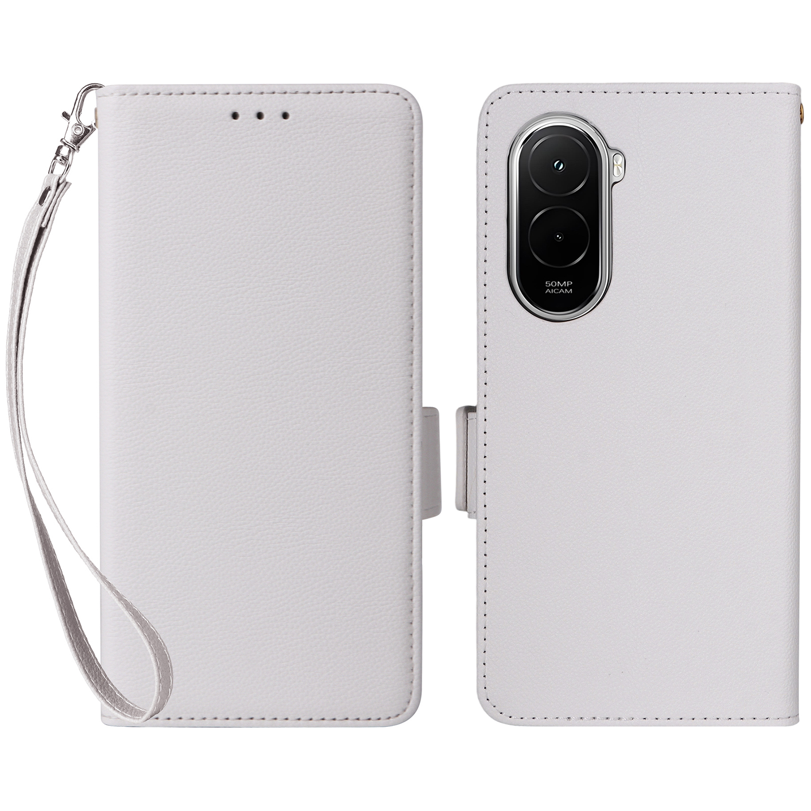 For Xiaomi Poco M7 Plus 5G / Poco M7 4G (169mm) Case Litchi Texture Wallet Leather Phone Cover with Wrist Strap - White