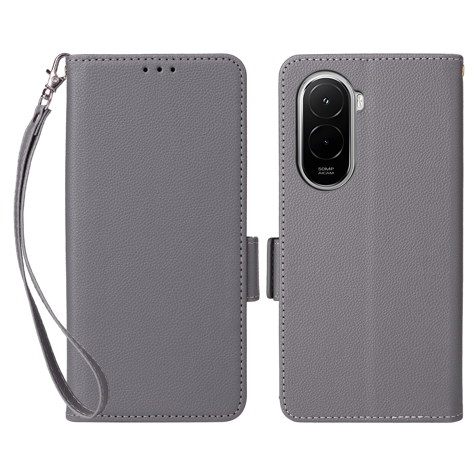 For Xiaomi Poco M7 Plus 5G / Poco M7 4G (169mm) Case Litchi Texture Wallet Leather Phone Cover with Wrist Strap - Grey