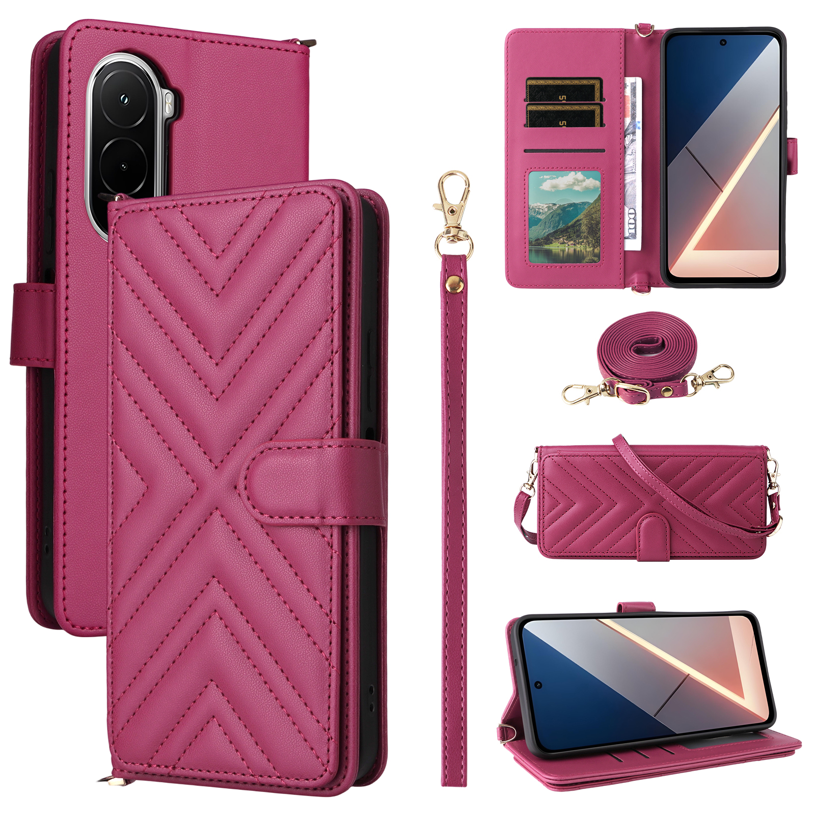 For Xiaomi Poco M7 Plus 5G / Poco M7 4G (169mm) Case with Shoulder  /  Wrist Strap Leather Phone Cover Stand Wallet - Rose