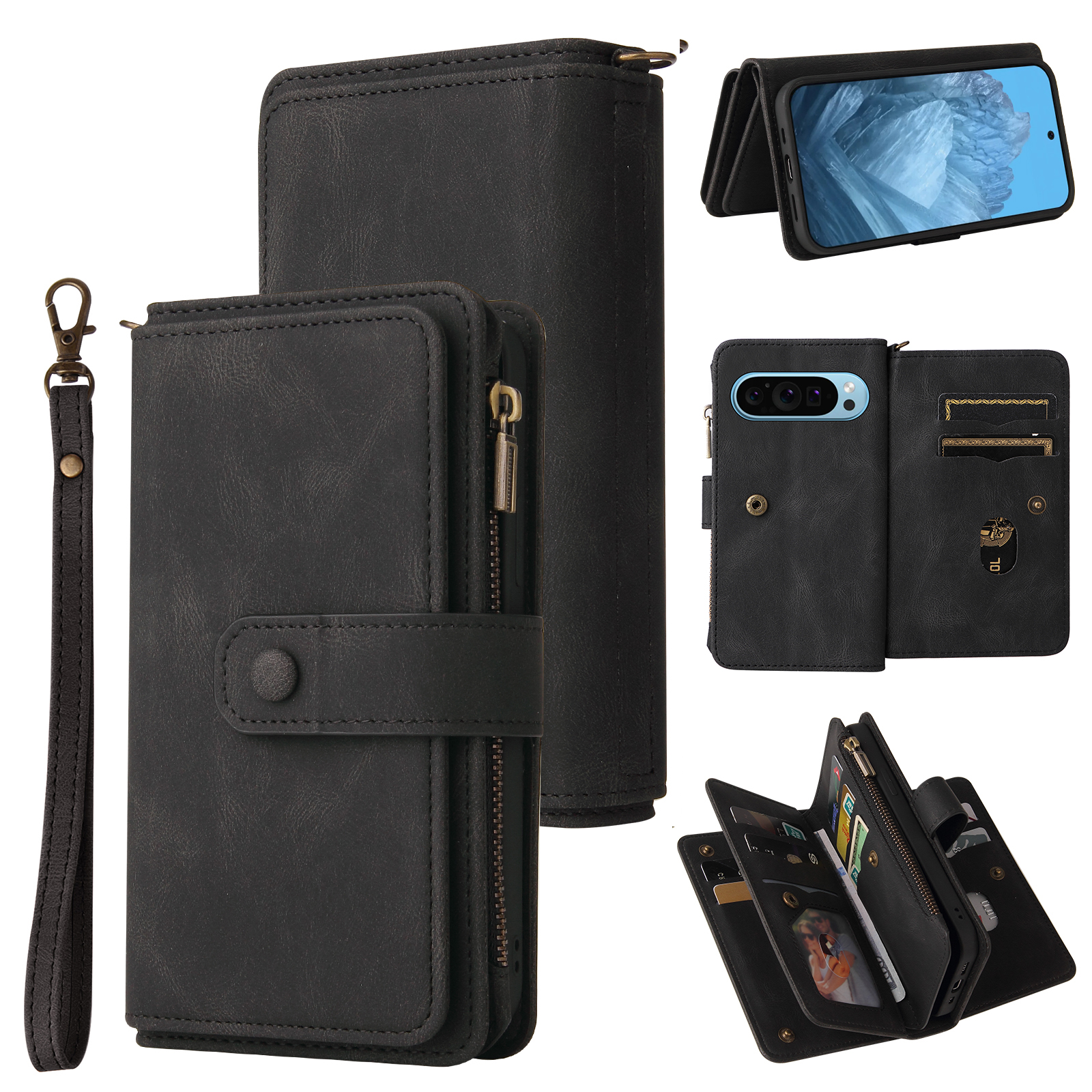 For Google Pixel 10 Pro / Google Pixel 9 / Google Pixel 9 Pro / Google Pixel 10 Zipper Wallet Case with 15 Card Slots and Strap Leather Phone Cover - 