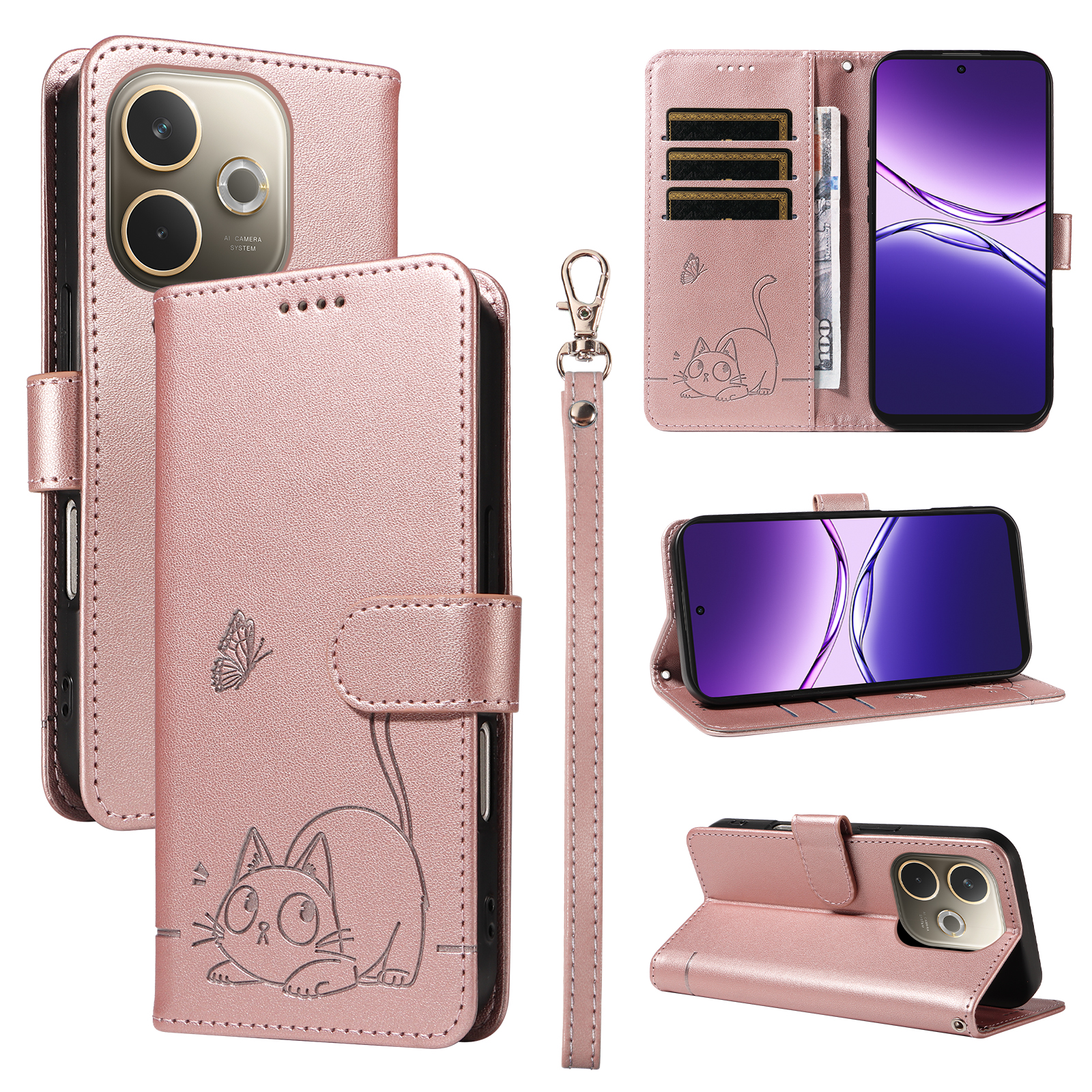 For Oppo A5 Energy 5G (China) / Oppo A5 Pro 5G (Global) Case Cat Pattern Imprint Leather Phone Cover with Wrist Strap - Rose Gold