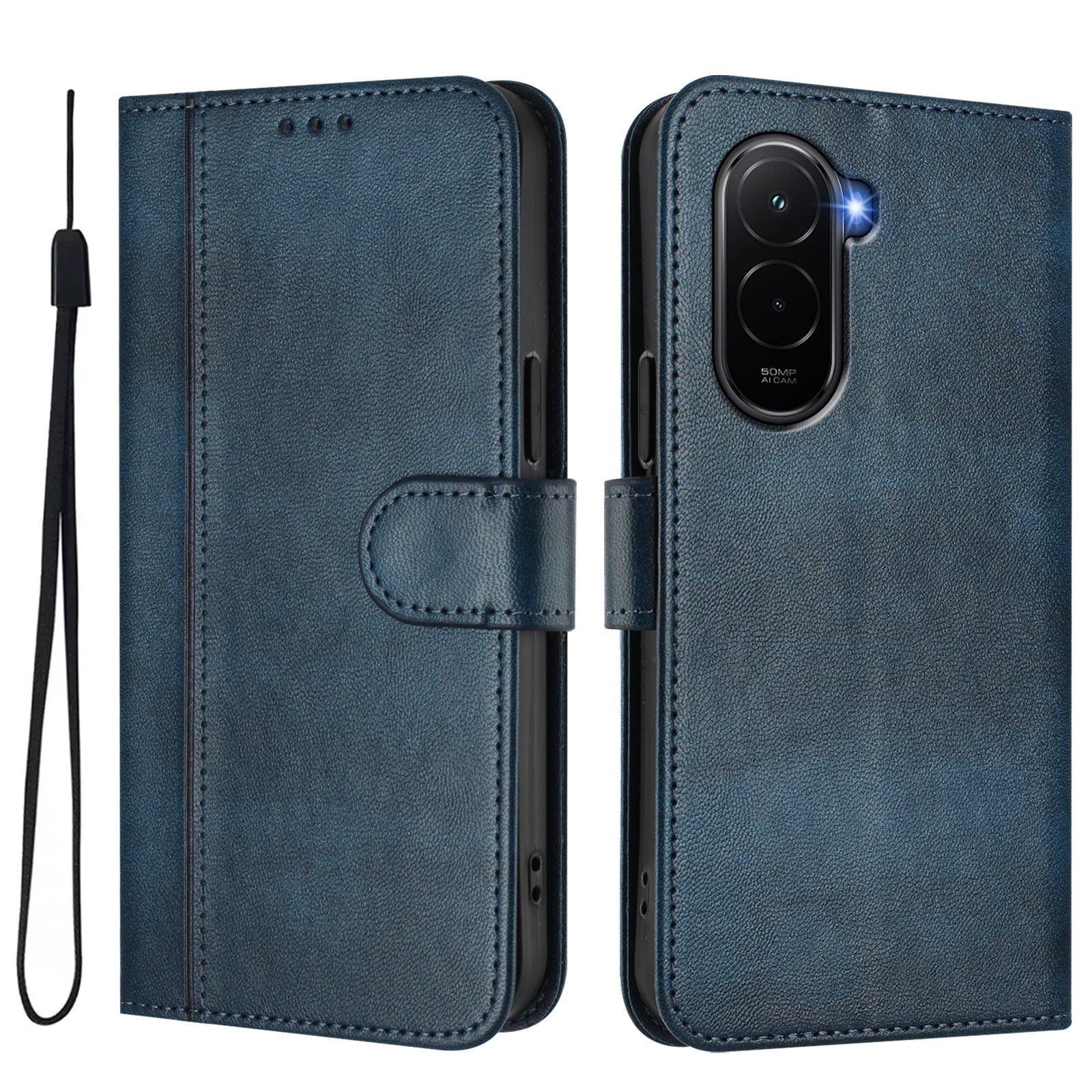 For Xiaomi Poco M7 Plus 5G / M7 4G (169mm) Cases Wallet Stand Retro Texture Leather Phone Cover with Lanyard - Blue