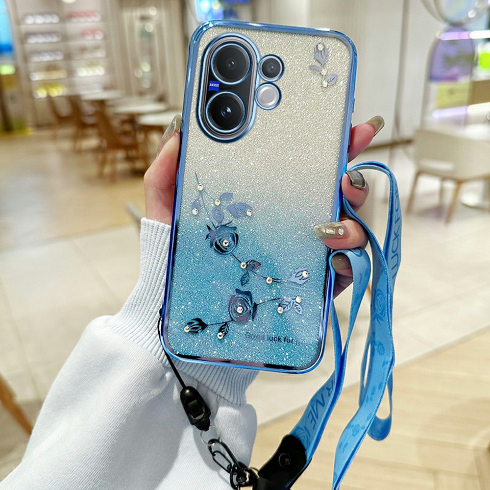 KADEM For vivo V60 5G Case Flower Pattern TPU Gradient Phone Cover with Lanyards - Blue