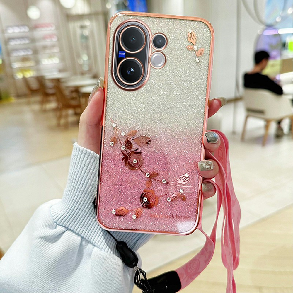 KADEM For vivo V60 5G Case Flower Pattern TPU Gradient Phone Cover with Lanyards - Rose Gold