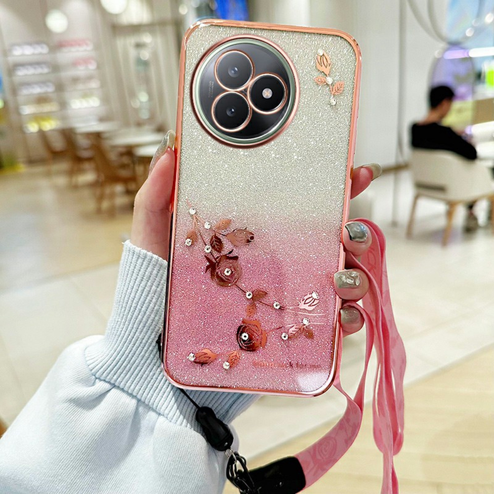 KADEM For Xiaomi Redmi K80 Ultra 5G Case Flower Pattern TPU Gradient Phone Cover with Lanyards - Rose Gold